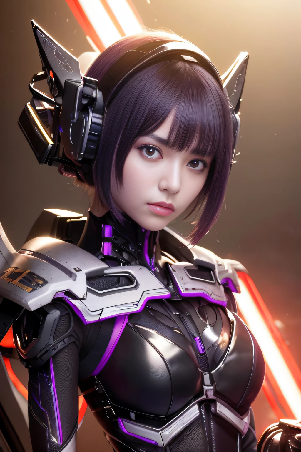 Top Quality, Masterpiece, Ultra High Resolution, (Photorealistic: 1.4), Raw Photo, 1 Girl, Black Hair, Glossy Skin, 1 Mechanical Girl, (Ultra Realistic Detail)), Portrait, Global Illumination, Shadows, Octane Rendering, 8K, Ultra Sharp, Big, Cleavage Exposed Raw Skin, Metal, Intricate Ornament Details, Japan Details, Very intricate details, realistic light, CGSoation trend, purple eyes, glowing eyes, facing the camera, neon details, mechanical limbs, blood vessels connected to the tube, mechanical vertebrae attached to the back, mechanical cervical attachment to the neck, sitting, wires and cables connecting to the head, gundam, small LED lamps,