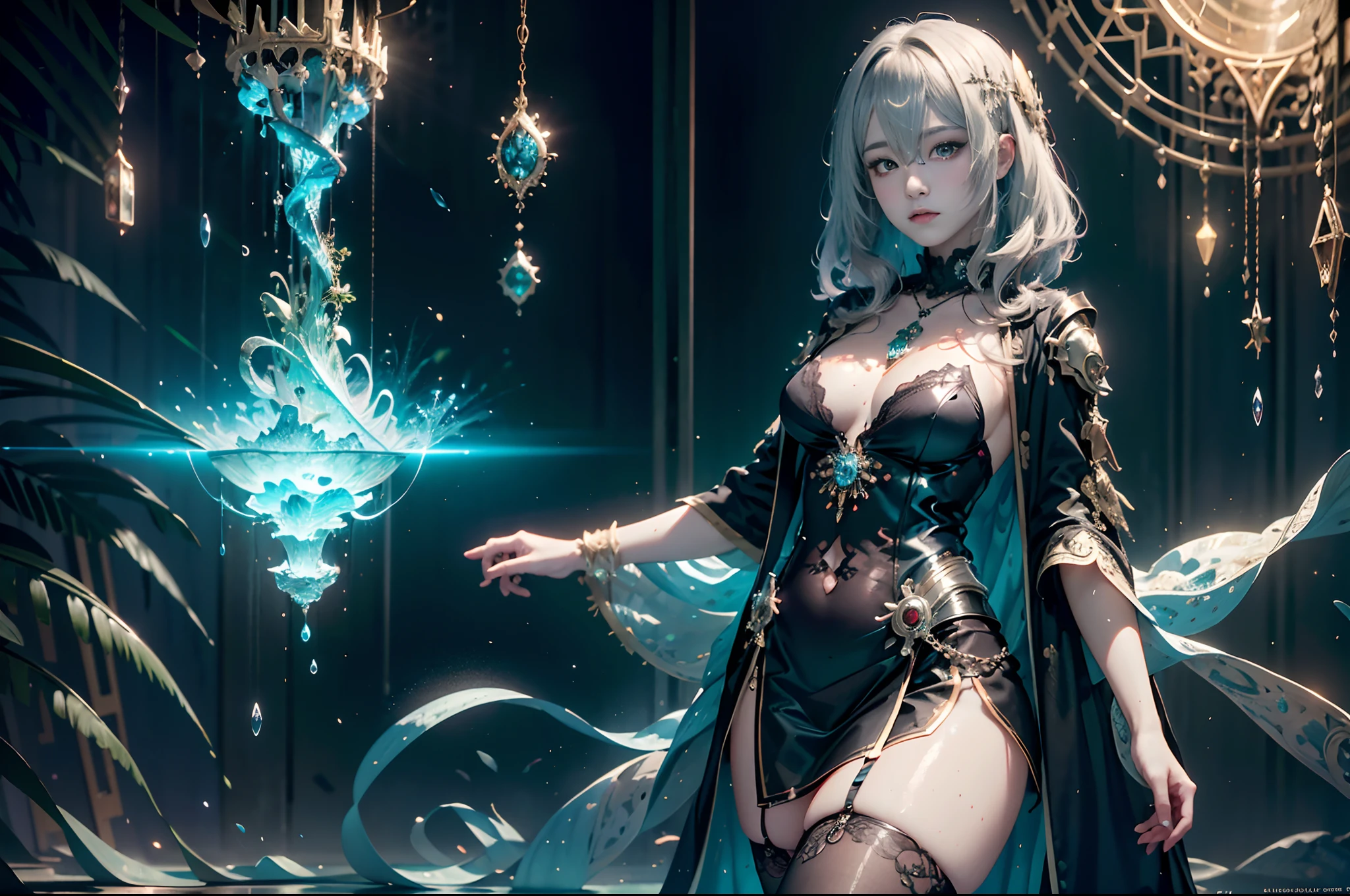 cyan futuristic fairy priestess girl in coverall armored suit (((skirt))) (((robe))) with relic pendant necklace, (layered robe), magic, ((lacy)), futurism, cyberpunk, silk, fur, (stockings), natural breasts, slim body, zettai ryouiki, ((((medium length dull hair)))), dull hair, (beautiful detailed bright light eyes), portrait, (beautiful and aesthetic:1.2, fractal art:1.4), most realistic, hyper-realistic, RAW, highest quality, best quality, Detailed, Realistic, 4k highly detailed digital art, octane render, bioluminescent, (cool_color), best pixels, 8k ultra, extremely detailed CG unity 8k wallpaper, cinematic lighting,