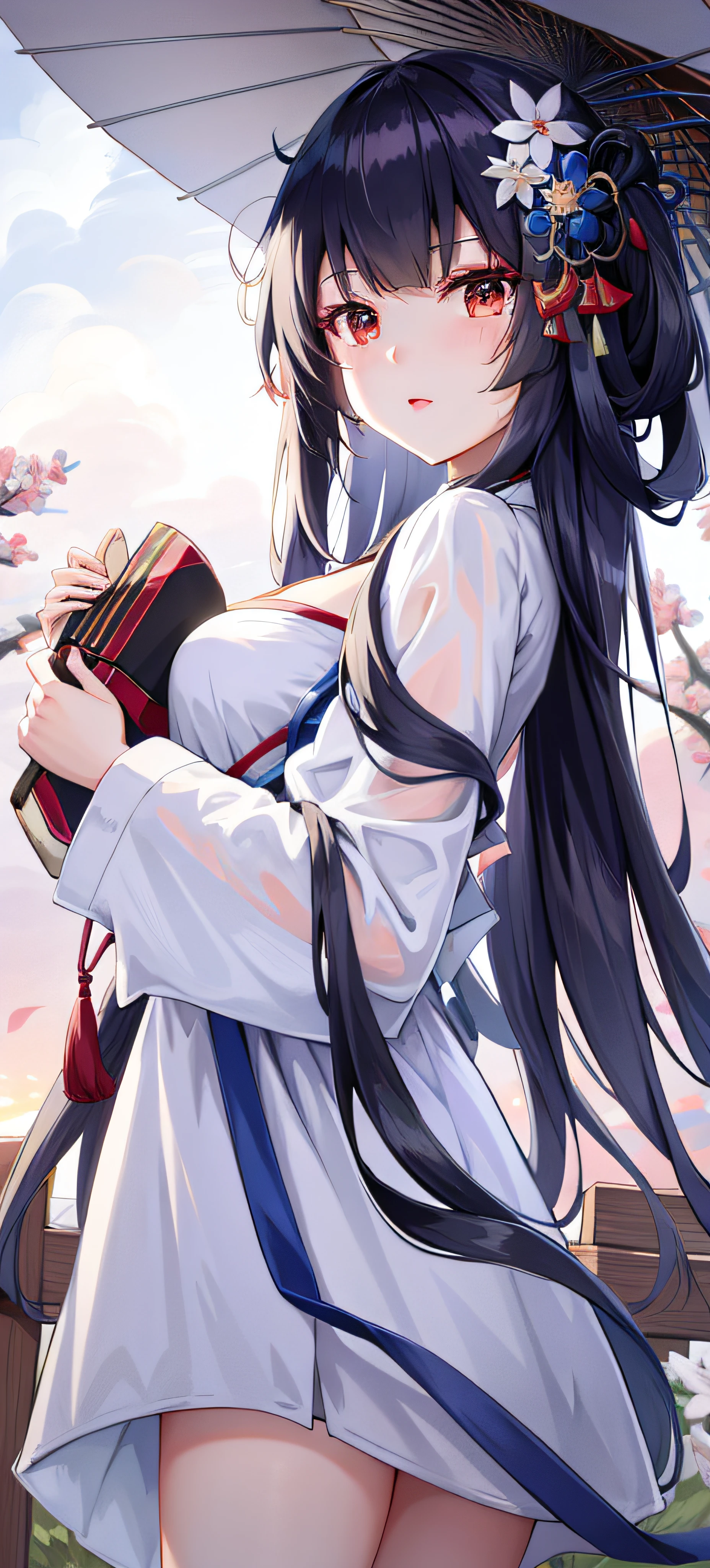 anime girl with long black hair holding an umbrella and a box, onmyoji portrait, azur lane style, Onmyoji detailed art, Anime girl with long hair, cute anime waifu in a nice dress, 《azur lane》role, onmyoji, A scene from the《azur lane》videogame, Palace ， A girl in Hanfu, flowing hair and long robes
