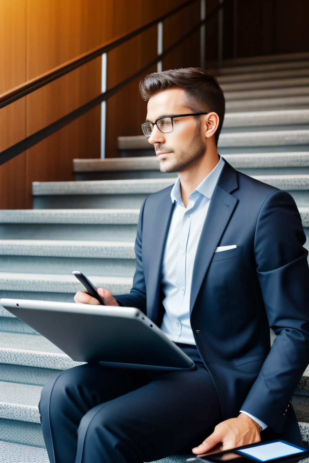 Mature business professional man using a tablet for work, sitting on the stairs in her office