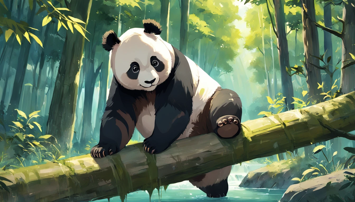Draw a panda determined to fulfill his dream. The panda is training to become stronger and more agile. He is learning how to climb trees and swim. He is also learning how to find food in the forest.

The painting should use neutral colors to express the panda's seriousness and focus.