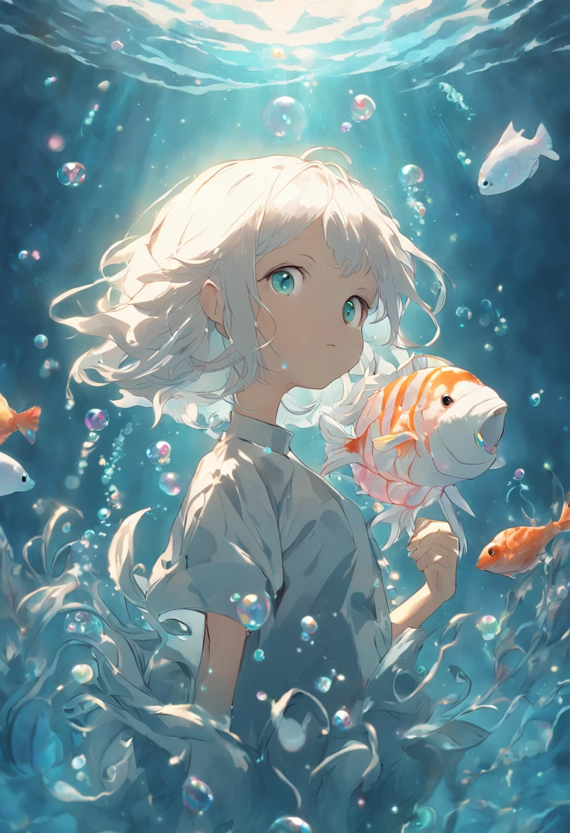 Undersea juvenile silver-haired shell house,Girl with short white hair,Colorful bubbles,a plant,Glowing small fish,Sparkling,ocean floor,( reasonable design, Clear lines, High sharpness,Best quality, Very detailed, Masterpiece, movie light effect, 4K )