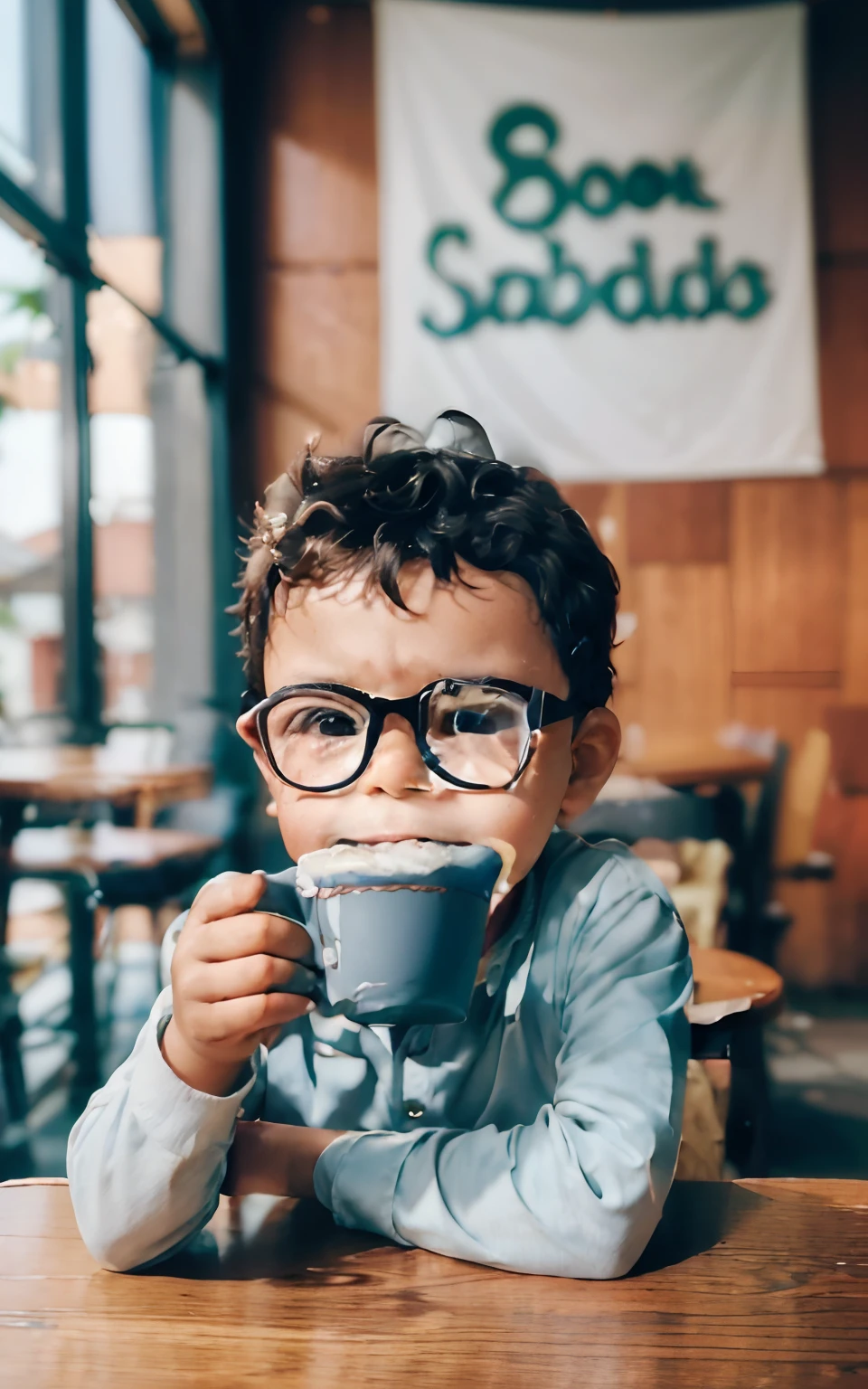 loranerdinho1, imagem (((circunstanciado))), (((rosto detalhado))), Imagine a serene café environment where a happy 3-year-old boy, with black hair and glasses, senta-se em paz, enjoying your coffee. Behind him, There's a (((banner que diz "GOOD SATURDAY,"))) oferecendo desejos calorosos para um "Good Saturday" In Portuguese. The atmosphere is calm and inviting, bathed in the soft glow of the morning sunlight seeping through the window. It's a quiet scene that beautifully embodies the essence of a perfect Saturday morning., fotografia, Tipografia