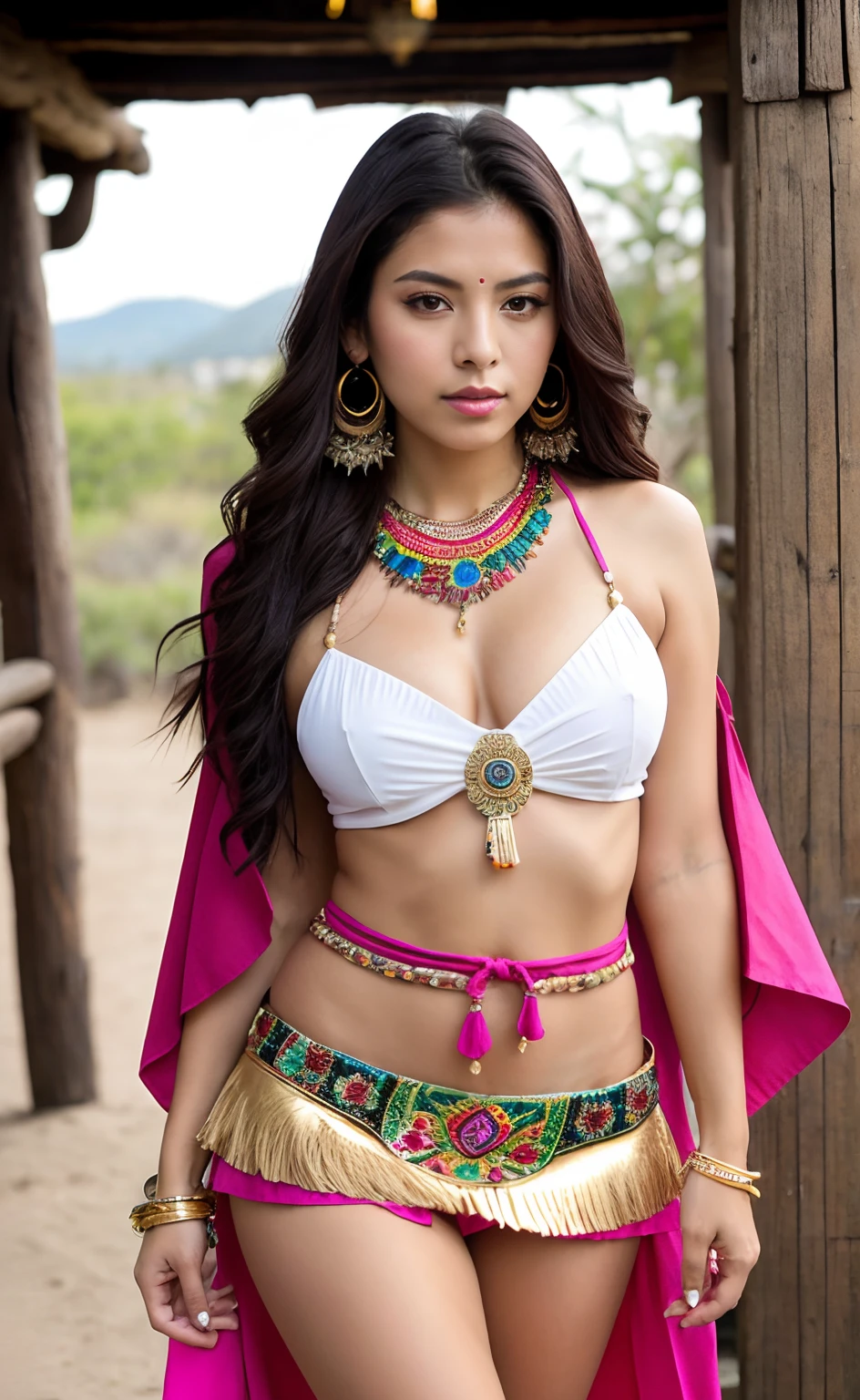 (Masterpiece - Illustrations - Detailed - Best Quality)) - Anime Style - Genshin Impact Style - 1 Woman - Inspired by Mexican Adelitas Full Body - Native Mexican - Aztec - Long Black Hair - Dark Brown Skin - Stunning Look - Traditional Wear Mexican - poncho - pink Mexican skirt - sash at waist and abdomen - closed huaraches - gold bracelets, earrings and necklaces - imposing presence - flower petals in the environment-