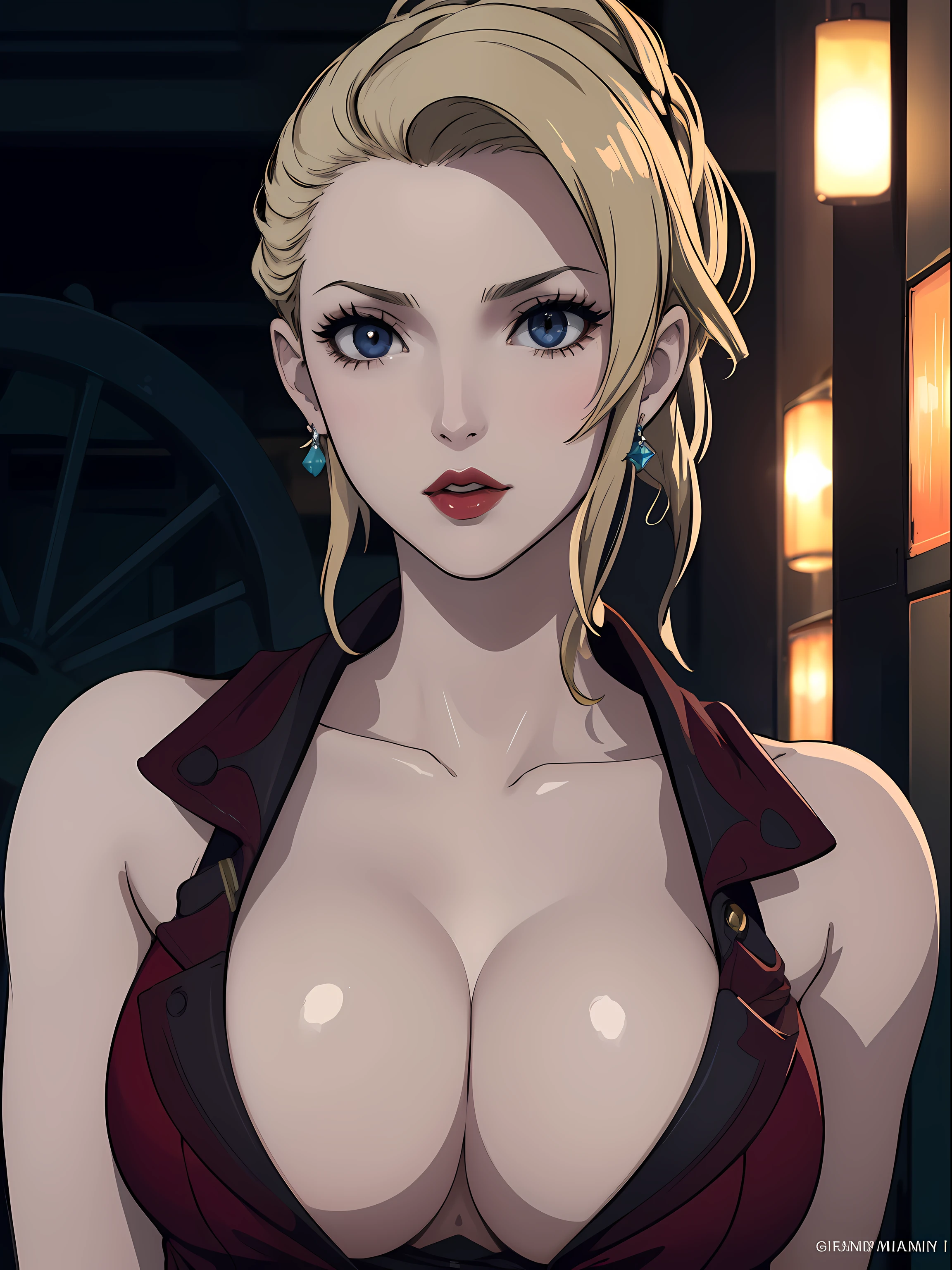 Best quality, masterpiece, ultra high res, 1girl, sexy, in the dark, deep shadow, low key, cold light, milf, dynamic light, cinematic lighting, cinematic lighting, down blouse, mature woman, middle parted hair, nsfw, natural breast, upper body, milf, nsfw, scarlet, final fantasy, blonde, face closeup, face detail, red lips detail