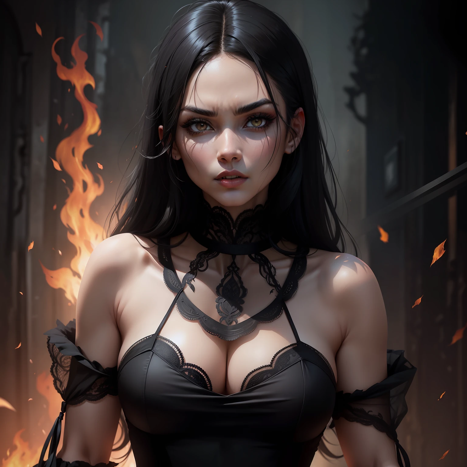 A fierce looking woman with black hair that slowly fades into flames, black lacy dress