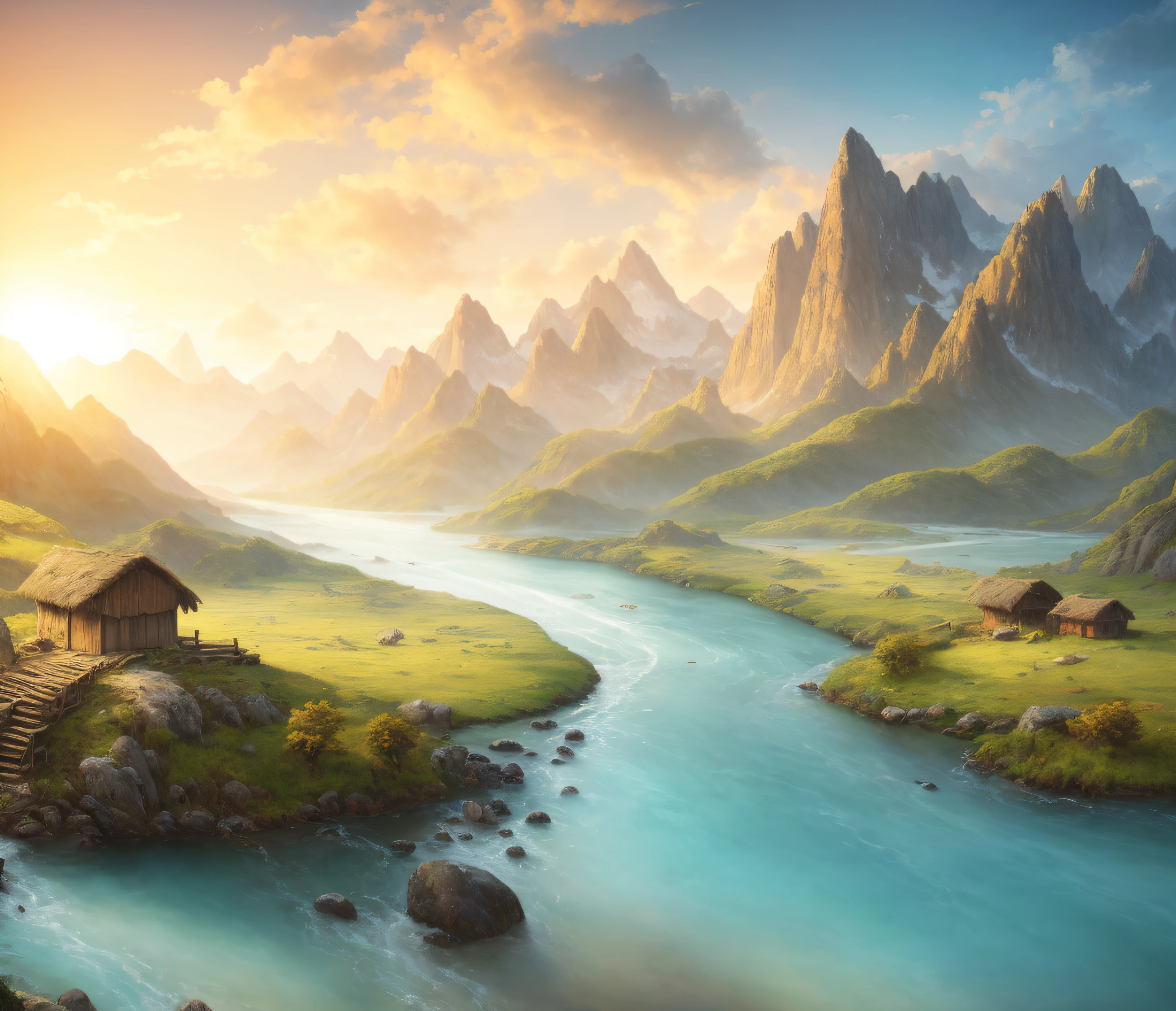 Depict mountain landscapes with rivers and huts, Beautiful art UHD 4 K, 4k hd matte digital painting, 4k highly detailed digital art, peaceful landscape, epic landscapes, Fantasy art landscape, Detailed scenery —width 672, Detailed painting 4 K, 8K stunning artwork, 8k resolution digital painting, 8 k resolution digital painting