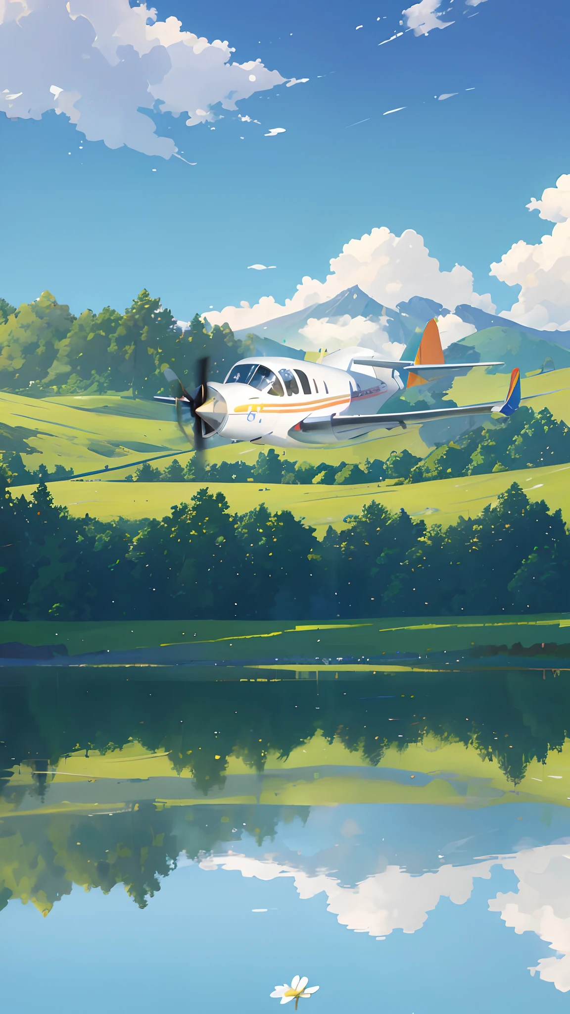 EmSummer, meadows, few small flowers, clear lakes, sheep, heaven, large clouds, blue sky, hot weather, HD detail, wet watermark, hyper-detail, cinematic, surrealism, soft light, deep field focus bokeh, distant view is snowy mountains, ray tracing, and surrealism. , plane --v6