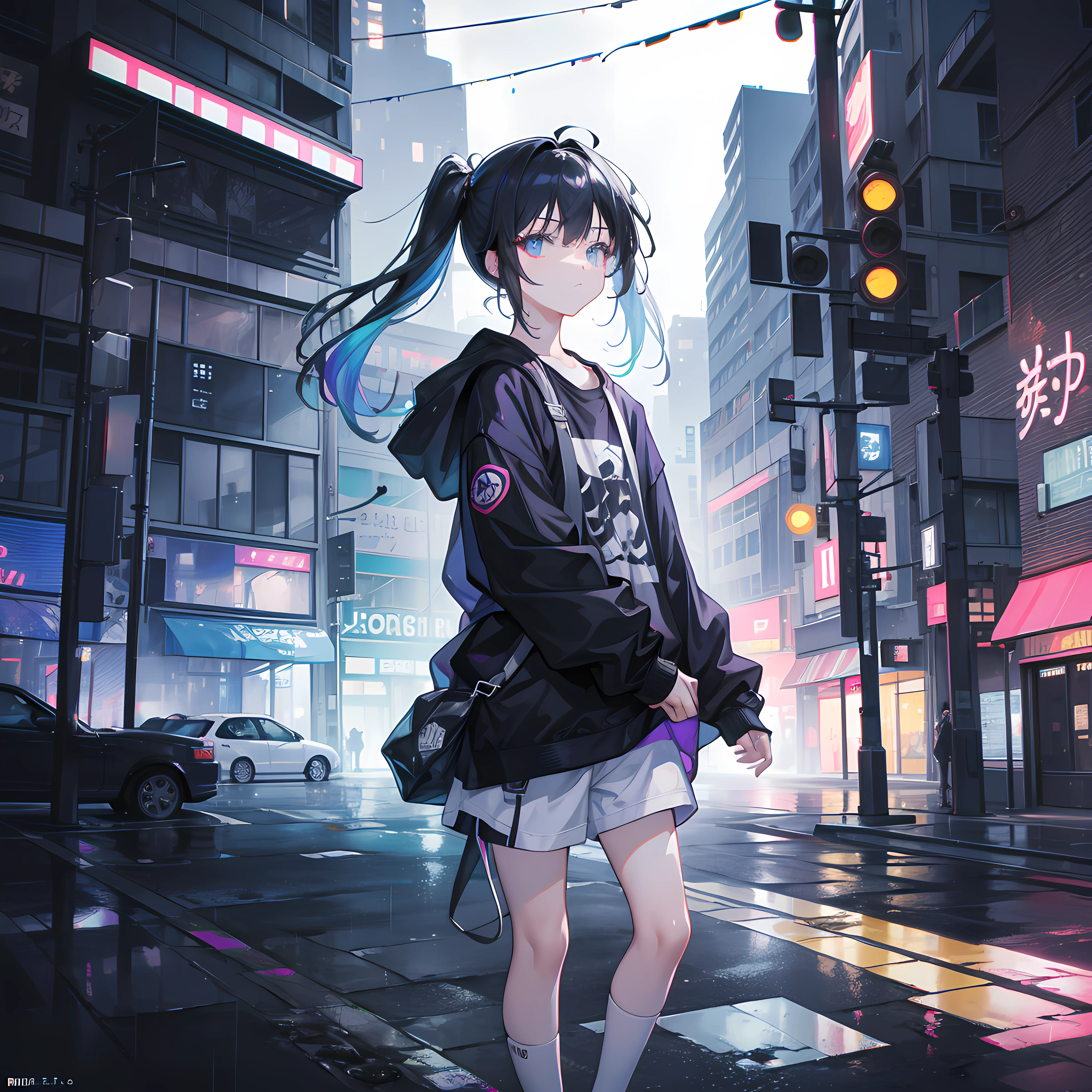 (masterpiece, best quality : 1.2), 1girl, tomboy, baggy street clothes, prismatic effect, street, rainy night, chromatic aberration, shattered glass, shimmering, dark
