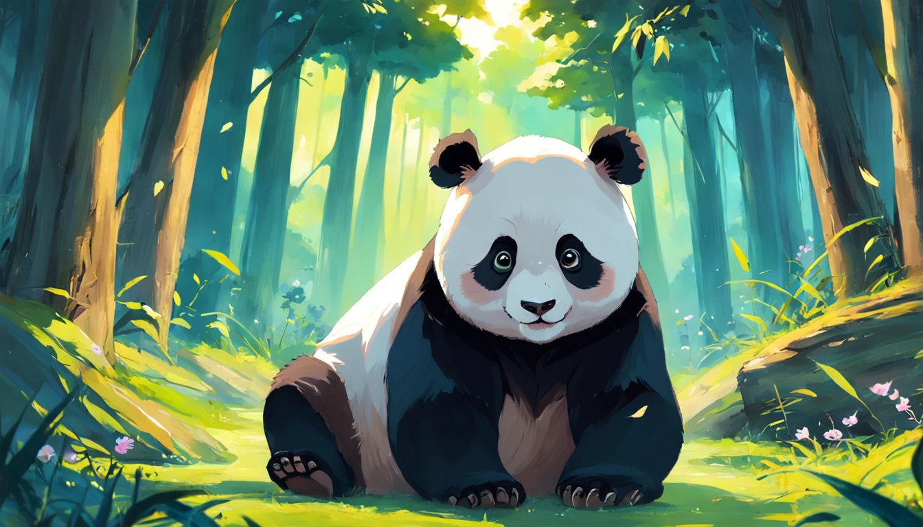 Draw a panda having fulfilled his dream. The panda is starting his new life in the forest. He has met many other animals and become friends with them. He has also learned how to find food and survive in the wild.

The painting should use bright, vibrant colors to express the panda's happiness and freedom.