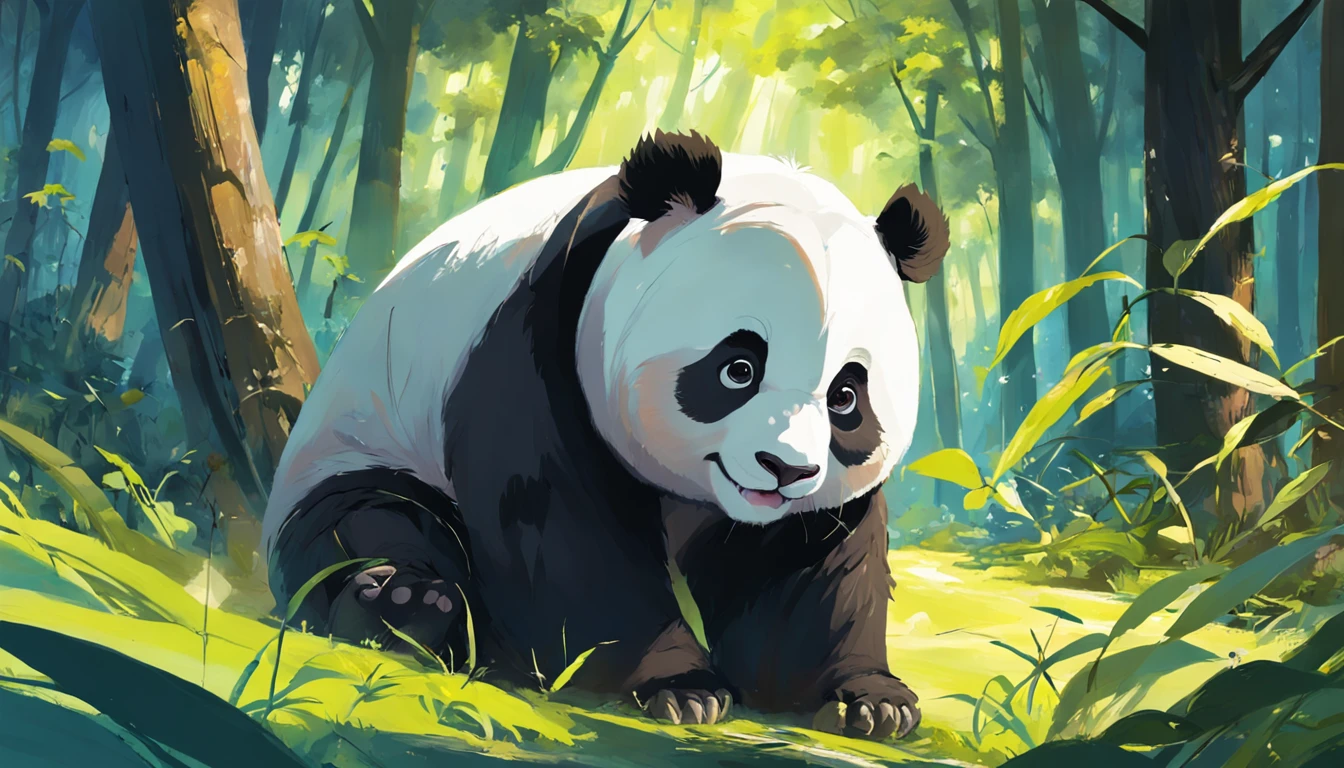 Draw a panda having fulfilled his dream. The panda is starting his new life in the forest. He has met many other animals and become friends with them. He has also learned how to find food and survive in the wild.
The painting should use bright, vibrant colors to express the panda's happiness and freedom.