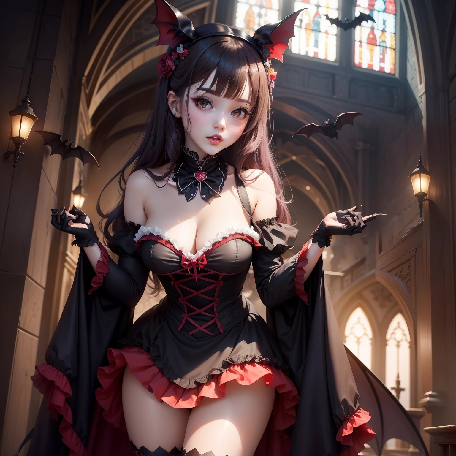 Female idol covered in bats(Cute costumes、)、Looks fun、full body Esbian、Lonely Church、Vampire style、reddish、