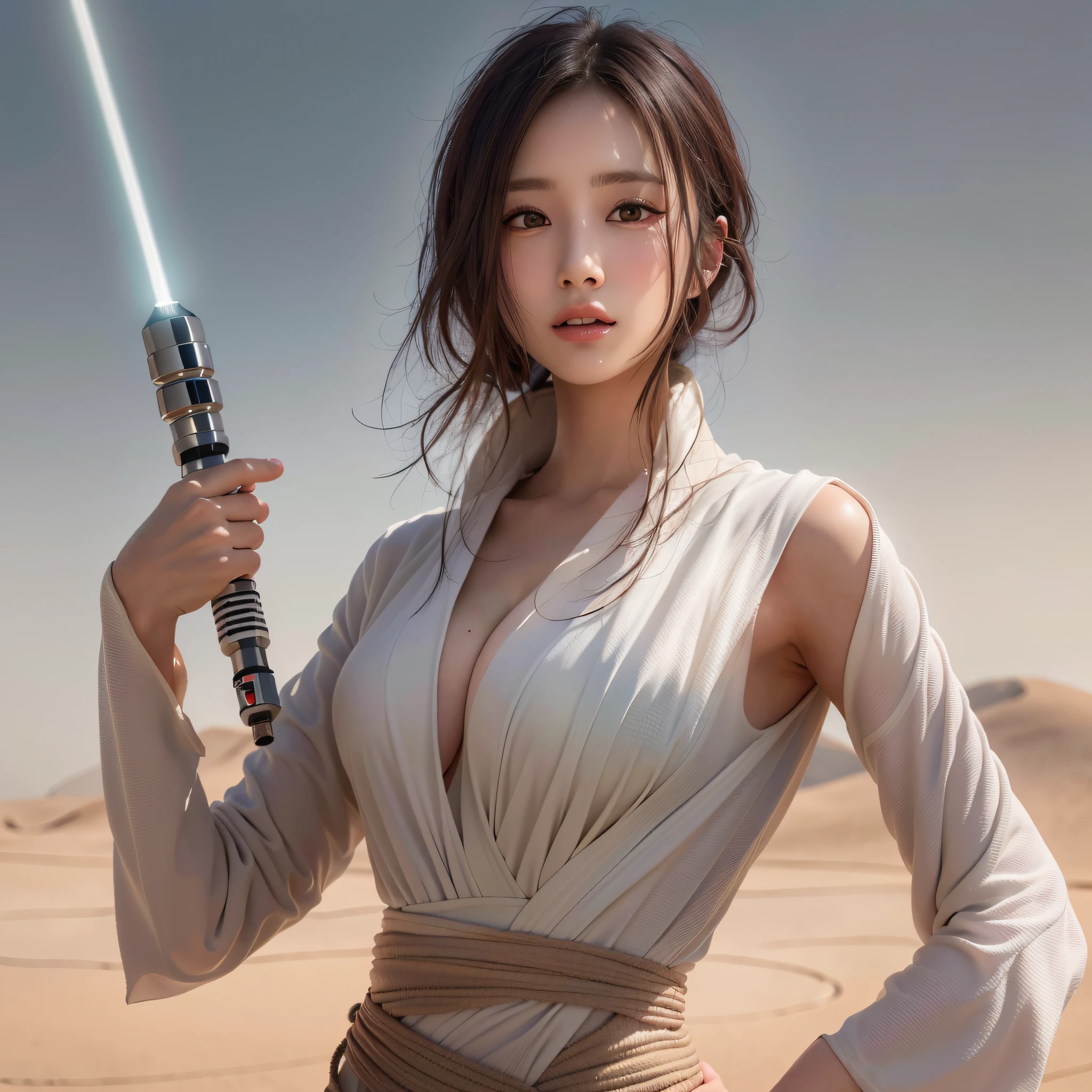 (Background, Desert areas):1.3, (high shadows detail), (medium hair, dark brown hair),  best quality, masterpiece, ultra high res, (photorealistic:1.3), RAW photo, (1woman:1.3, solo), (asian girl, ultra detailed face, ultra detailed eyes, ultra detailed nose, ultra detailed mouth, ultra detailed facial features, ultra detailed hands), (Wearing a white robe), (Holding a lightsaber in right hand), (medium breast:1.3), from the front side, (shiny skin), Sony α7, 85mm Lens, f9.0, pan focus