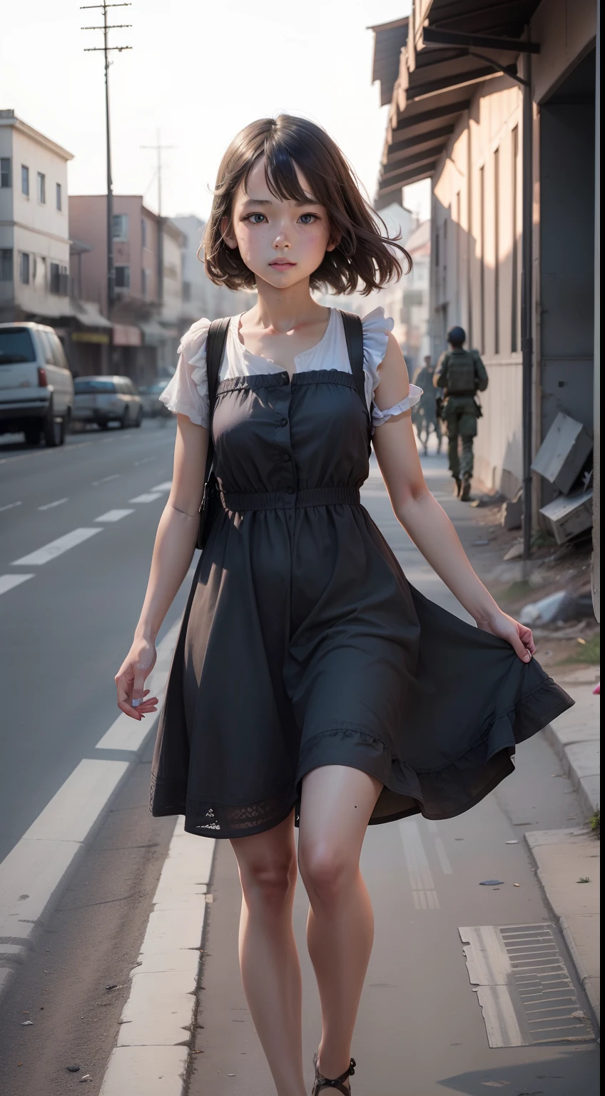 Girl in a summer dress walking through an active Warzone