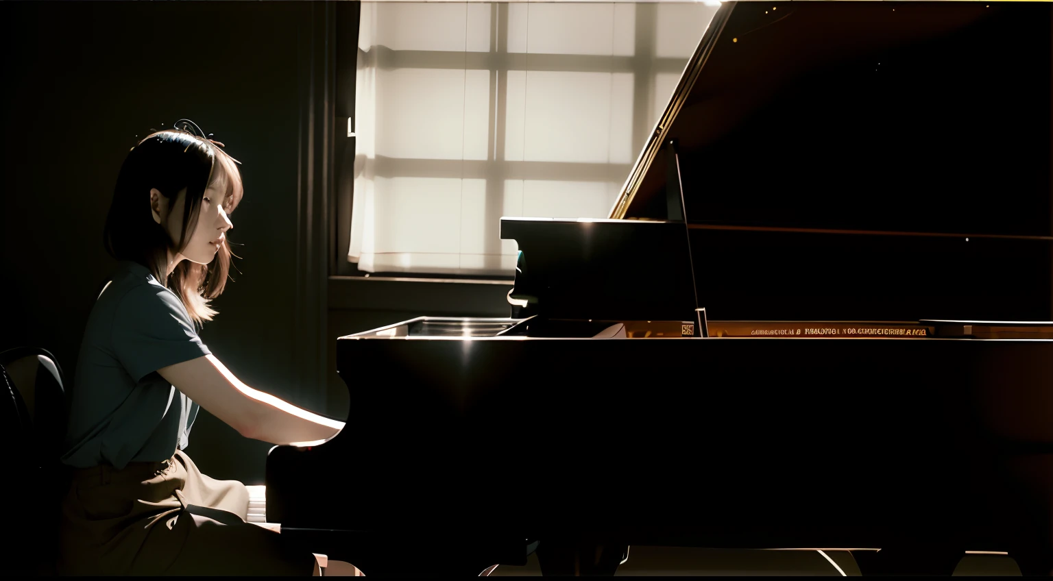 Polished monochrome header image、Solo Woman、Female musicians、Top quality advertising photos、Portrait of a musician、piano、独奏、There is a woman sitting in front of a piano in front of a window, set in tokyo rooftop, Cinematic afternoon light, Delicate female skin、Clothing that reflects sunlight、Sunlight-transmitting hair、Skin that reflects sunlight、Transparent skin、thin and delicate skin、Stand on the Piano、(credibly_absurderes,Huge_filesize:1.37),(masterpiece:1.37),(top-quality:1.37),(realisitic,Photorealsitic:1.2),Ray traching,Realistic lighting,(illuminations,Glow),((film grains:1.37)),(Exquisite details and textures:1.2),(8K分辨率:1.2),(ultra -detail:1.2),(Sharp Focus 1.2),(Raw photography:1.0),(ciinematic light)、small tits、
