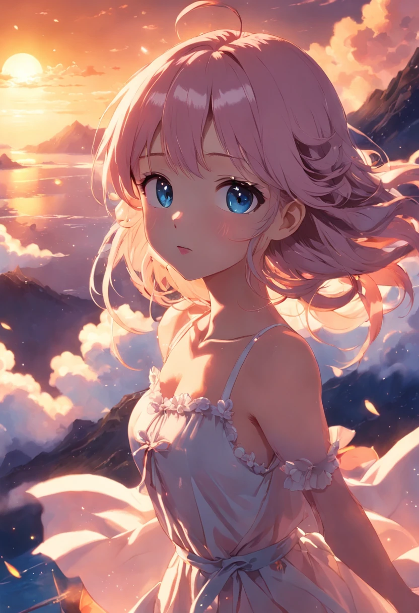 tmasterpiece、top-quality、cinematic Film still from、1girll、Cloud Girl、Sweet girl,floating in sky、closeup cleavage、with light glowing、blissful、Warm and soft lighting、the setting sun、