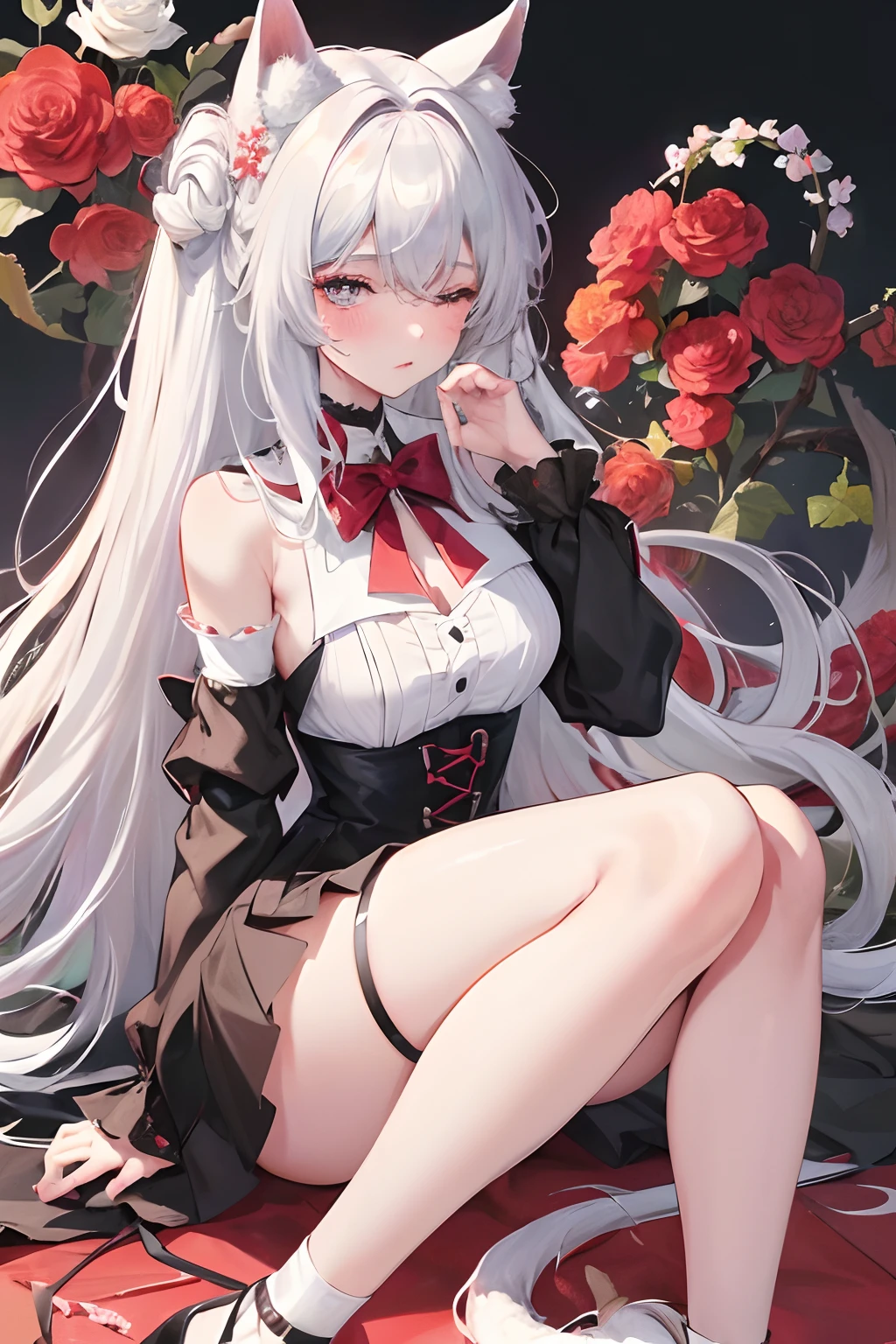 with long coiled hair, flowers in head, Cat ears, Bright pupils, Blush, (Monet:1), anaglyph, Fuji colors, outside border, hyper HD, Masterpiece, ccurate, Textured skin, 4K, Best quality, A high resolution, High quality, hyper HD, Masterpiece, Textured skin, A high resolution, Best quality, High quality, 4K,Rich colors,Superskirt,Raised sexy,semi transparent,sweat leggs,dual horsetail,silvery white hair,Red pupils,Bow knot,(Wolf tail:1),Dynamic,amaryllis,Yarn,Close your eyes,Charming,Lie down,lay on back,Painful expression