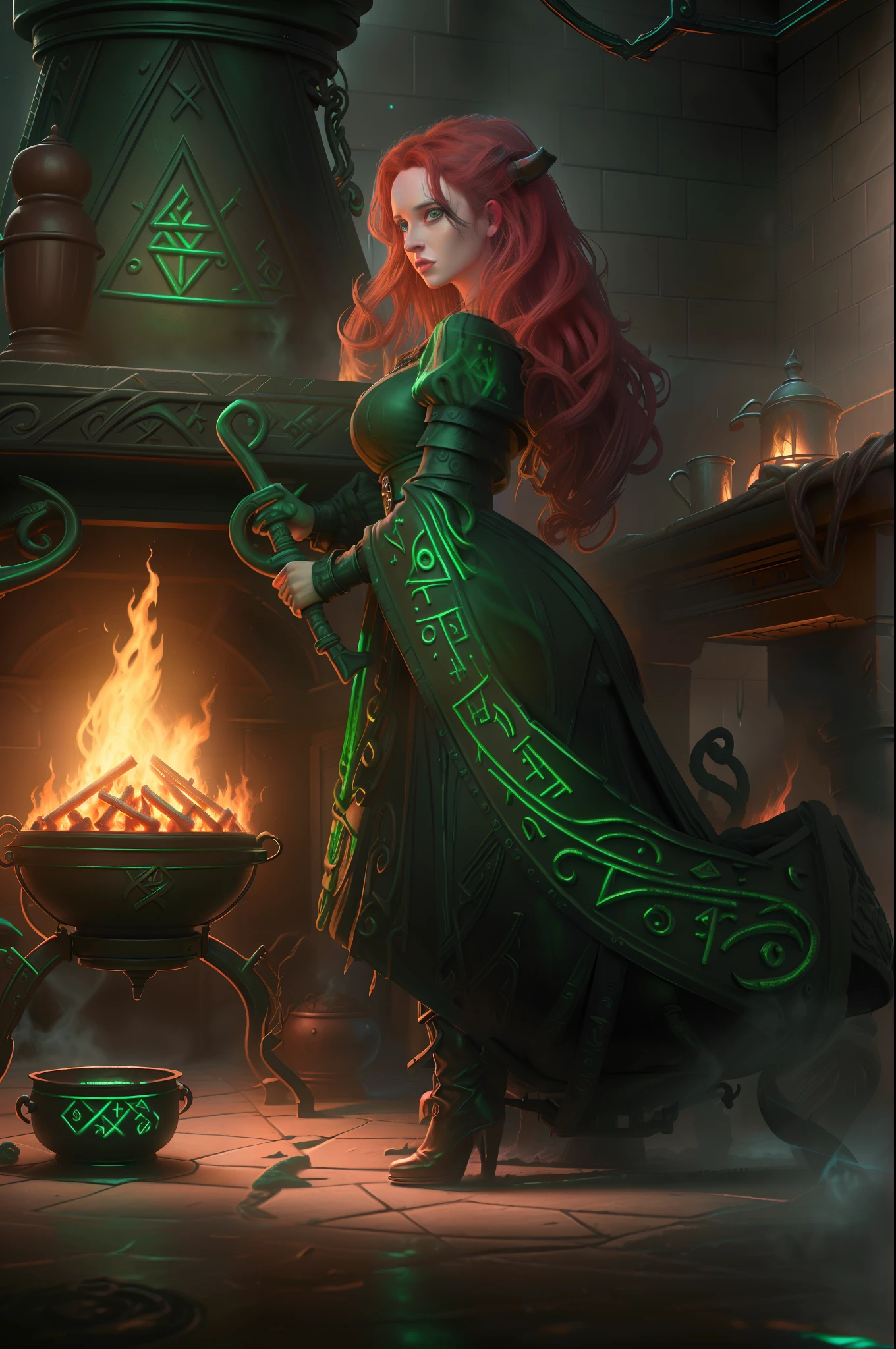 high details, best quality, 16k, RAW, [best detailed], masterpiece, best quality, (extremely detailed), full body (best details, Masterpiece, best quality), , ultra wide shot, photorealistic, fantasy art, RPG art, D&D art, a picture of a woman, witch brweing dark matter over big cauldron in the fire place, middle aged woman, exquisite beautiful woman (best details, Masterpiece, best quality), ultra detailed face (best details, Masterpiece, best quality), red hair, long hair, wavy hair, dynamic eye color, pale skin, green dress (best details, Masterpiece, best quality), wearing black boots, large boilng cauldron, black cauldron, green mists GlowingRunes_green, coming from cauldron, a stove, middles ages house background, dim fire light, High Detail, Ultra High Quality, High Resolution, 16K Resolution, Ultra HD Pictures, 3D rendering Ultra Realistic, Clear Details, Realistic Detail, Ultra High Definition Waiting to start