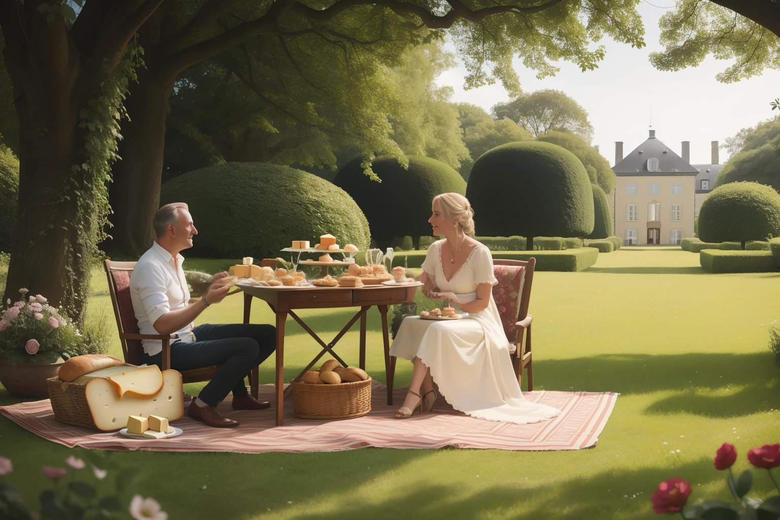 Date: 2022
Country: Denmark
Description: An adult enjoys a lavish picnic with fine cheeses and pastries in the lush gardens of Frederiksberg Palace, adorned with ornate picnic blankets, vintage china, and floral arrangements in a regally cinematic setting.