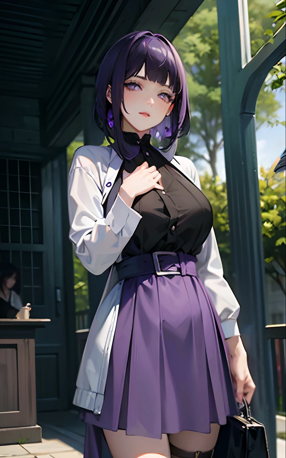 a close up of a woman in a purple dress posing for a picture, blunt bangs, purple eyes, dark blue hair