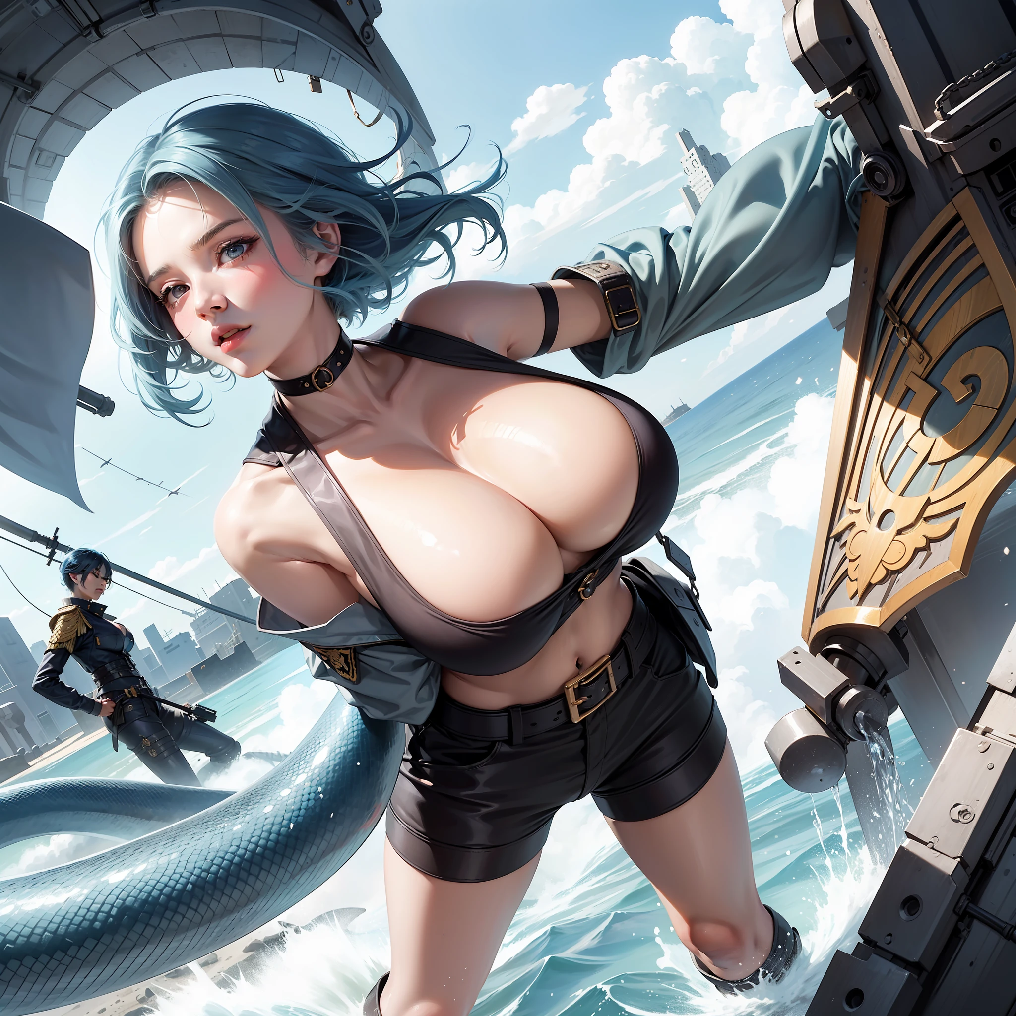 1 small curved ,blue hairs,15 yrge breasts, Huge breasts, huge-breasted, large full breasts), long drooping milk、full body Esbian,Photo of a girl confronting a towering giant snake、(military weaponry)、A beauty wears a transparent orange military uniform,Perfect figure reveals a thin waist,The line is perfect,Raised sexy,Blushlush,shoulders and chest are clearly visible,
