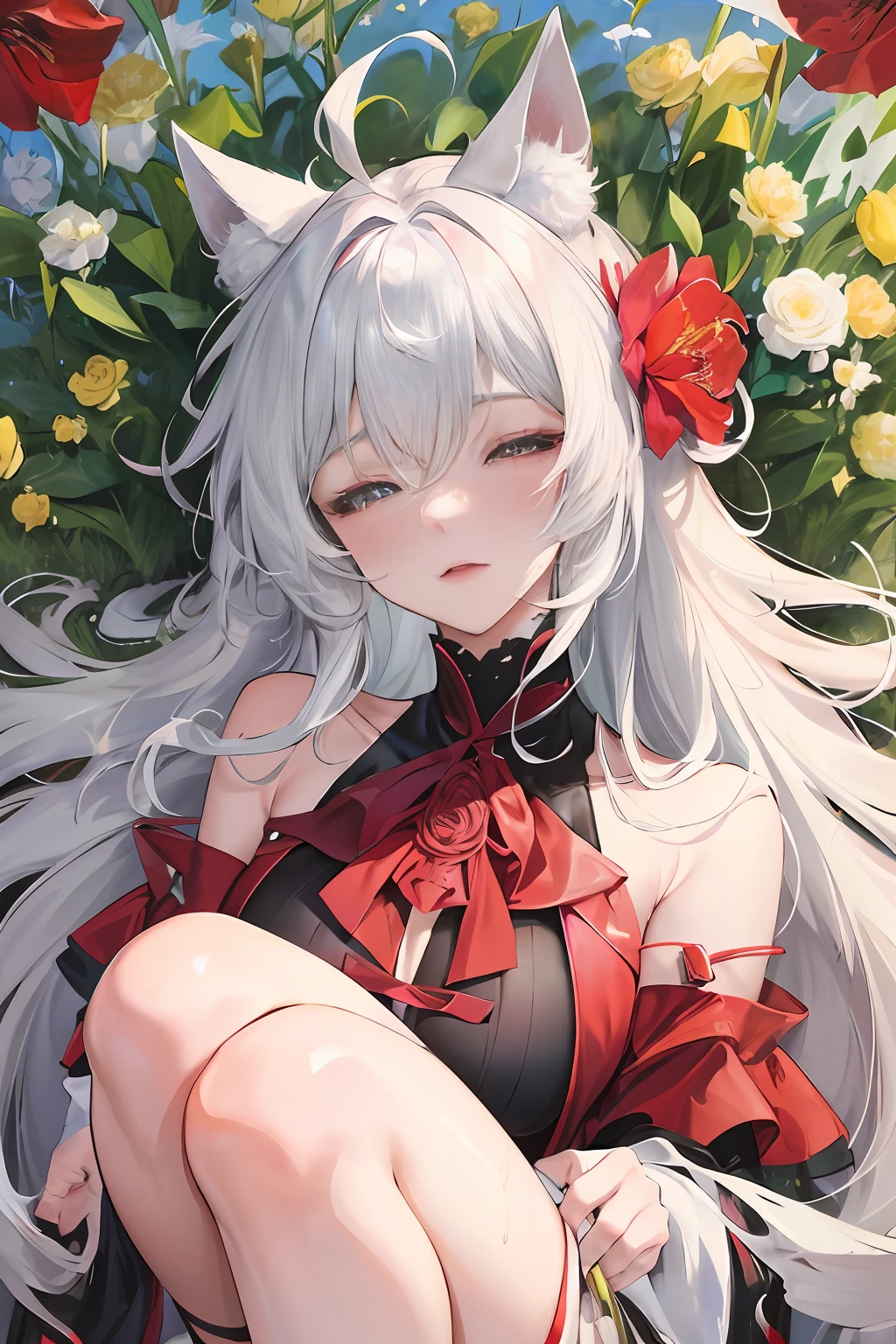 with long coiled hair, flowers in head, Cat ears, Bright pupils, Blush, (Monet:1), anaglyph, Fuji colors, outside border, hyper HD, Masterpiece, ccurate, Textured skin, 4K, Best quality, A high resolution, High quality, hyper HD, Masterpiece, Textured skin, A high resolution, Best quality, High quality, 4K,Rich colors,Superskirt,Raised sexy,semi transparent,sweat leggs,dual horsetail,silvery white hair,Red pupils,Bow knot,(Wolf tail:1),Dynamic,amaryllis,Yarn,Close your eyes,Charming,Lie down,lay on back,Raised sexy