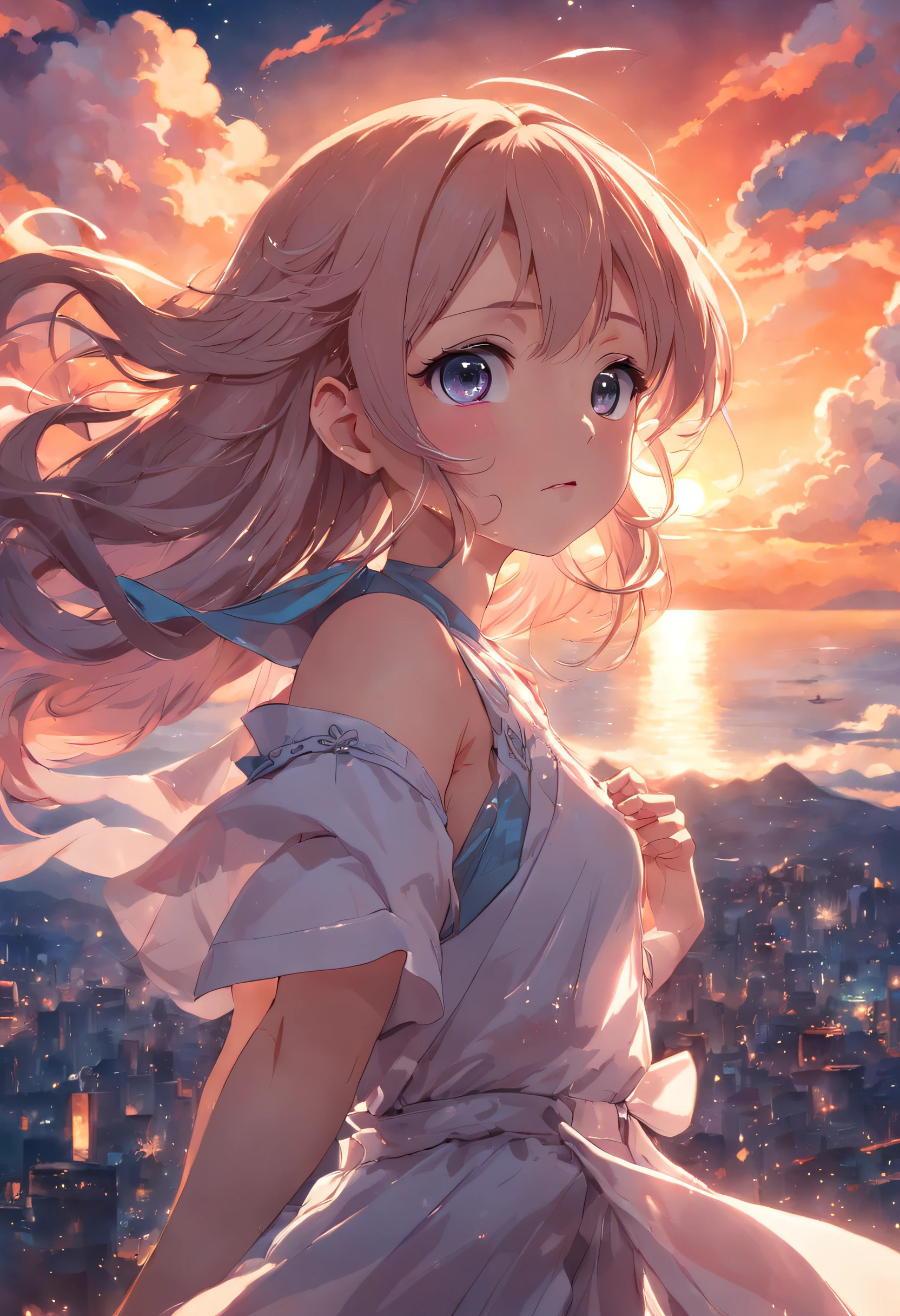 tmasterpiece、top-quality、cinematic Film still from、1girll、Cloud Girl、Sweet girl,floating in sky、closeup cleavage、with light glowing、blissful、Warm and soft lighting、the setting sun、