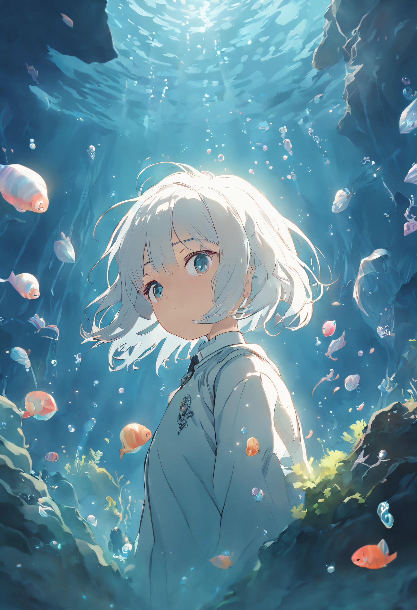 Undersea juvenile silver-haired shell house,Girl with short white hair,Colorful bubbles,a plant,Glowing small fish,Sparkling,ocean floor,( reasonable design, Clear lines, High sharpness,Best quality, Very detailed, Masterpiece, movie light effect, 4K )