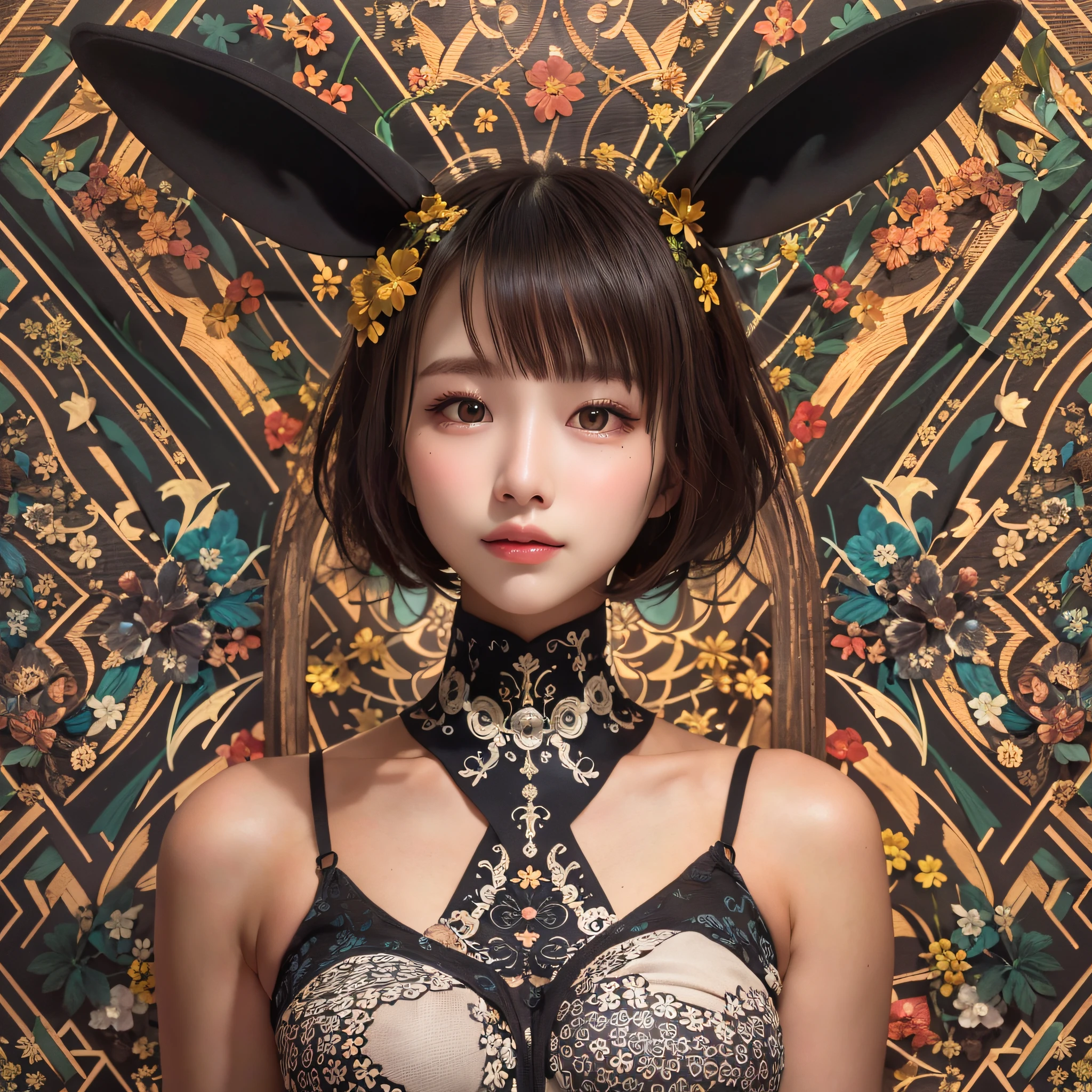 (symmetrical, Compositions with colorful geometric arabesque patterns):1.3,
(top quality, masterpieces, realistic, photorealism:1.37, best shadows), (1girl:1.3), (short hair), (dark brown hair), (small breasts:1.3), (nude lipgloss), (make up), (Show cleavage), perfect body, (18 years old), upper body shot:1.2,
(Japanese girl), (ultra delicate face), (ultra Beautiful fece), (ultra delicate eyes), (ultra detailed nose), (ultra detailed mouth), (ultra detailed arms), (ultra detailed legs), (ultra detailed body), (from the front side), looking at the audience, Ultra-meticulously drawn clothes, playboy-bunny
