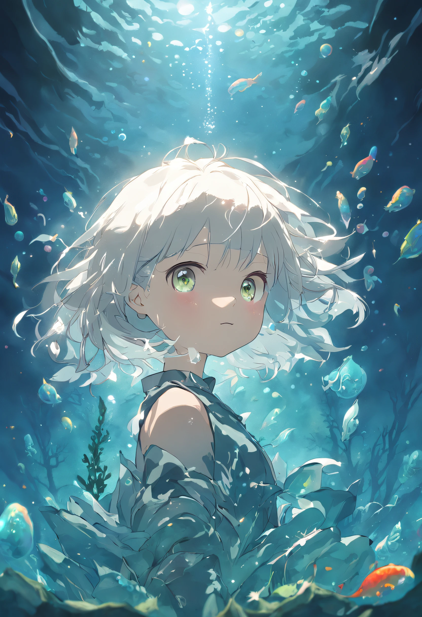 Undersea juvenile silver-haired shell house,Girl with short white hair,Colorful bubbles,A plant,Glowing small fish,Sparkling,ocean floor,( reasonable design, Clear lines, High sharpness,Best quality, Very detailed, Masterpiece, movie light effect, 4K )