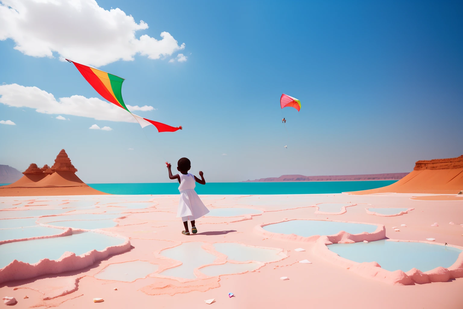 Date: 2007
Country: Djibouti
Description: A child in a crisp white uniform flies a colorful kite against the backdrop of the surreal, crystalline shores of Lake Assal, creating a whimsical contrast between the vibrant kite and the salt formations.