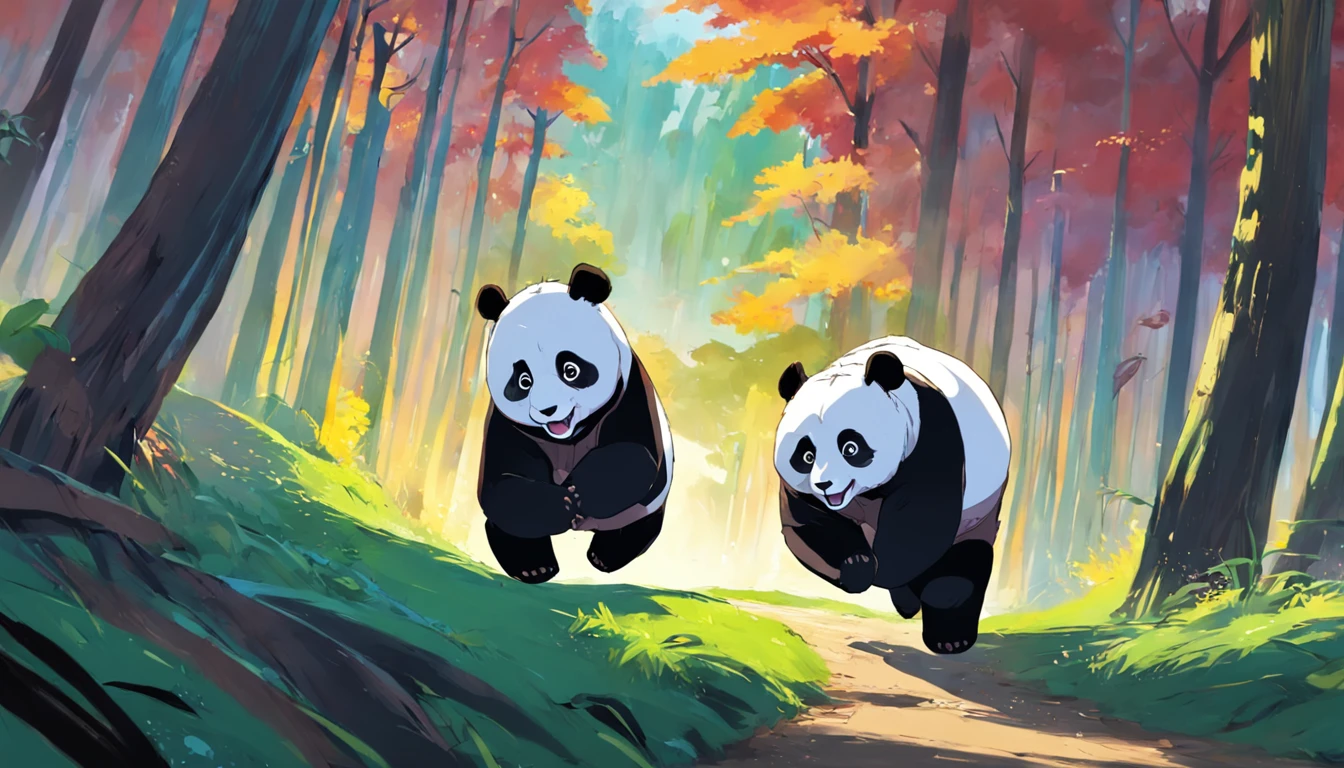 Draw a panda running and jumping in the forest, blending in with nature. The panda has fulfilled his dream, and is enjoying his new life. The painting should use bright, vibrant colors to express the panda's happiness and freedom.
