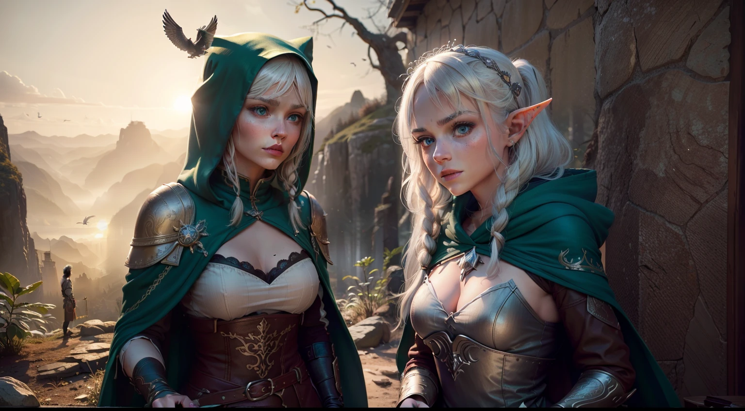 duo: Elven female ( white colored hair, Green eyes )Squatting ( concerned: 1,3 ) , Elven female( white colored hair, Cyan eyes ) Squatting, vibe ( With Skyrim in the background, woods ) ( letho ) ( Firefly: 1,2) ( Wear magical cloaks with a hood ) insane details, beautifully color-graded, Unreal engine, Depth of field, extra high resolution, megapixel, Cinematic Lightning, Smoothing, insanely detailed and intricate , Hyper maximalist, hyper realistic, volumetric, Photorealistic, ultra photorealistic, ultra- detailed, intricate details, 8K, Super detailed , Full color, voluminous lighting, HDR, Realistic, Unreal engine, 16k, sharp-focus, Octane Render, RTX. Incredibly detailed faces, Incredible fingers, Unbelievable eyes, Incredible hair, Incredible hands ( Incredible nature, drops, the wind, Sun, Birds, rays )