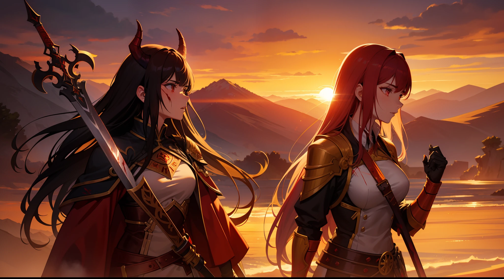 two guys，A female warrior，A demon，Female warrior with sword to slash demons，blood splattere，Red tone，Under the sunset，Close-up of the sun