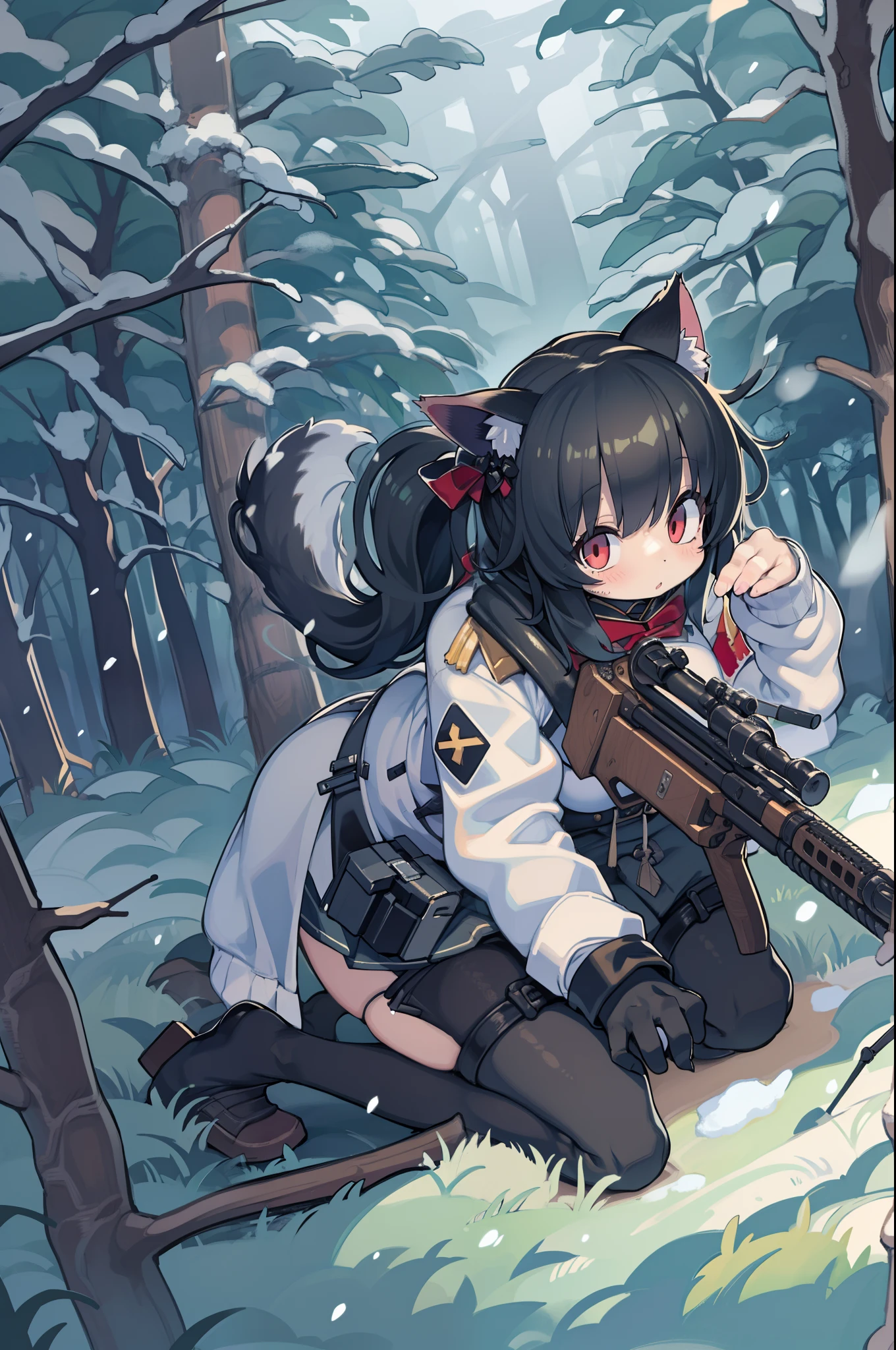 snowy forest, Black hair, Cat ears, Cat Girl, Red Eyes, Kneeling, Nazi officer uniform, Nazi, Germany, Black Officer Uniform,huge-breasted、Giant Sniper Rifle、From the top、Overhead view