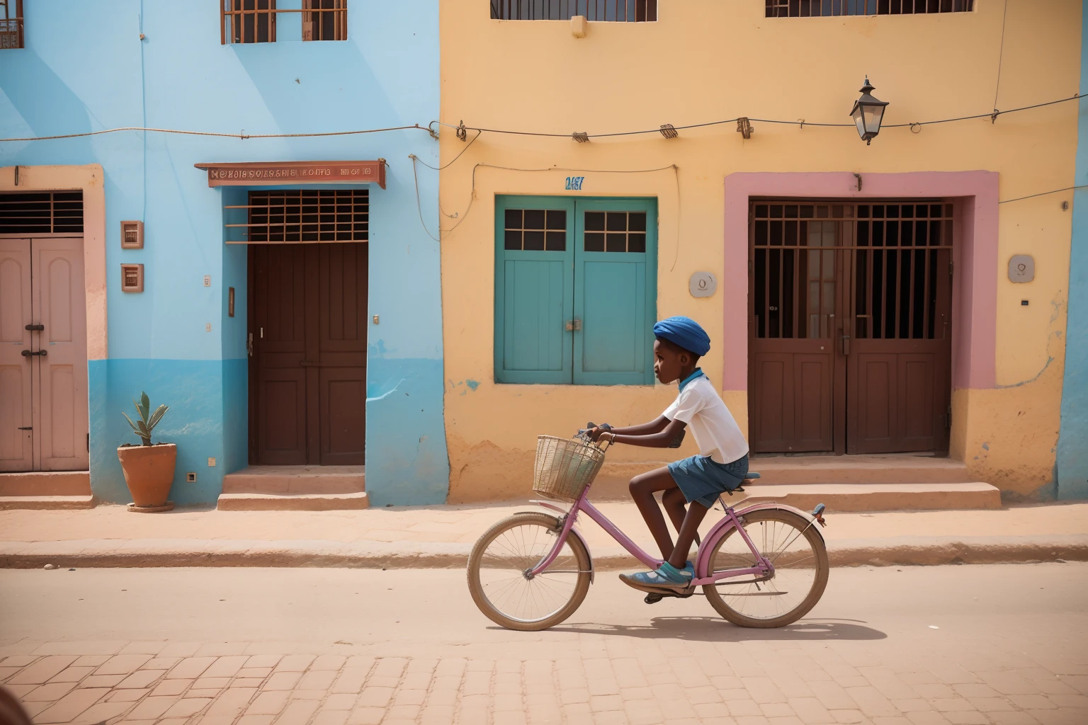 Date: 2019
Country: Djibouti
Description: A teenager cruises on a retro bicycle along the cobblestone streets of Tadjoura, passing by pastel-colored buildings and charming cafes, capturing the laid-back elegance of the coastal town.