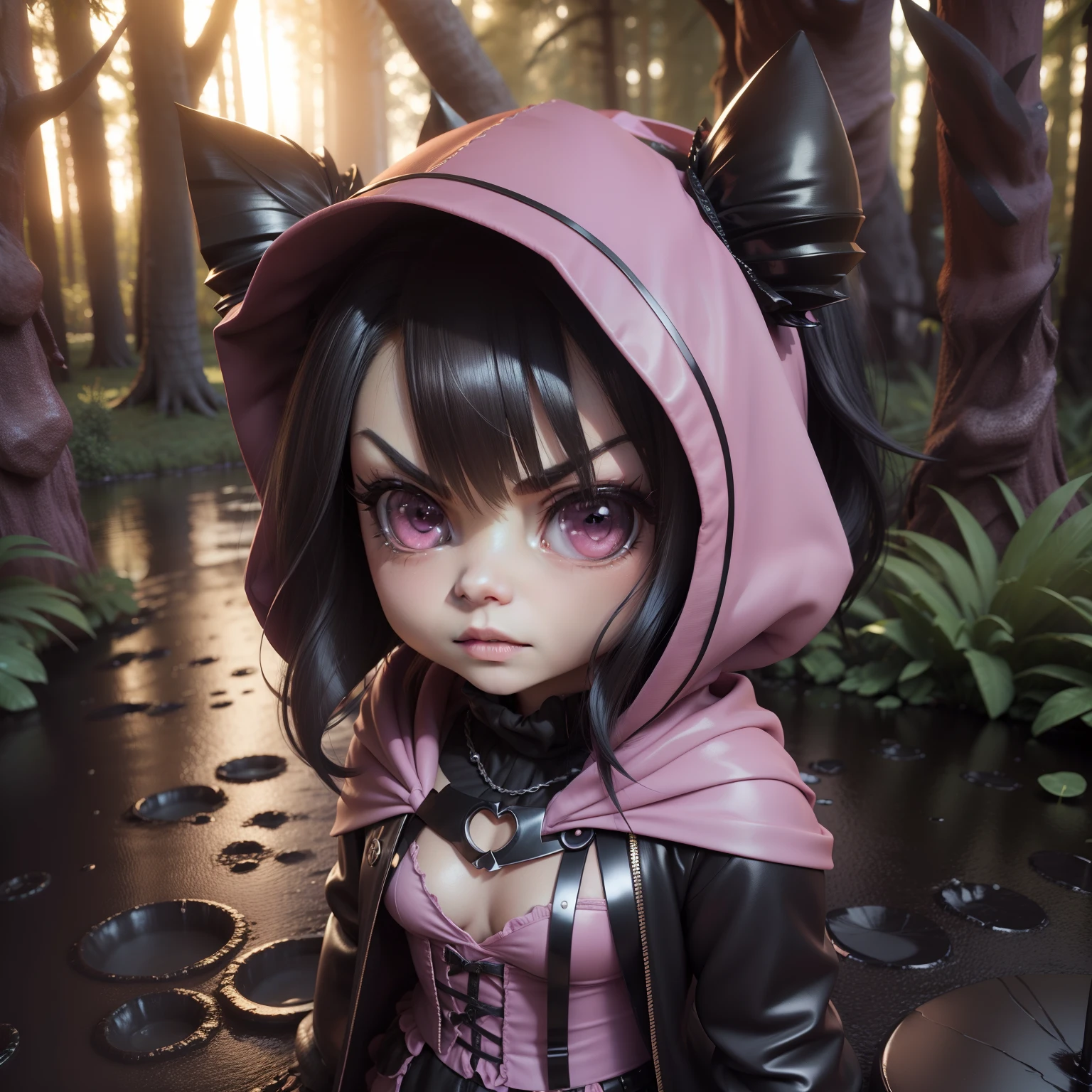 (((Chibi 3D))), Villain, villainess, Lolita, dark forest, Dirty swamp.goth girl. (( Mila Kunis )) 1,Wearing a pink cloak hood. Girls are the future freedom fighters.