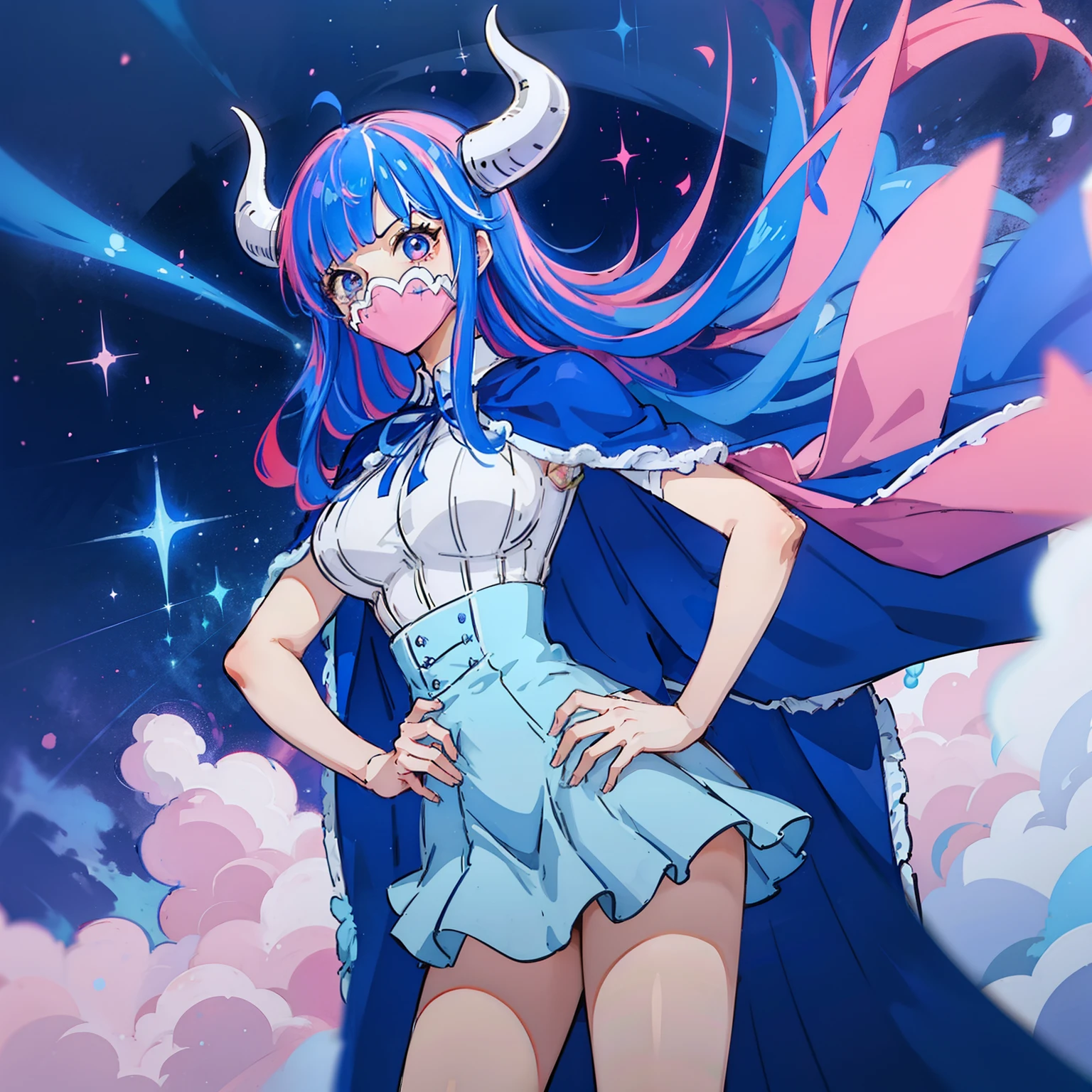 Blue long hair girl posing in horned blue cloak, 1girl in, multicolored hair, Blue hair, Horns, Cape, Solo, Long hair, Mouth mask, Mask, breasts, Pink hair, blue cape, Skirt, Twitter username, put hands on the hip, Curled horns, Looking at Viewer