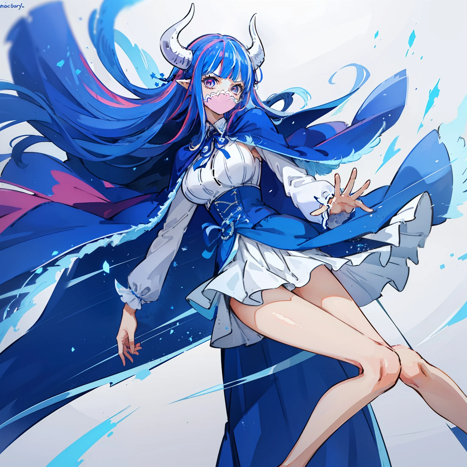 Blue long hair girl posing in horned blue cloak, 1girl in, multicolored hair, Blue hair, Horns, Cape, Solo, Long hair, Mouth mask, Mask, breasts, Pink hair, blue cape, Skirt, Twitter username, put hands on the hip, Curled horns, Looking at Viewer