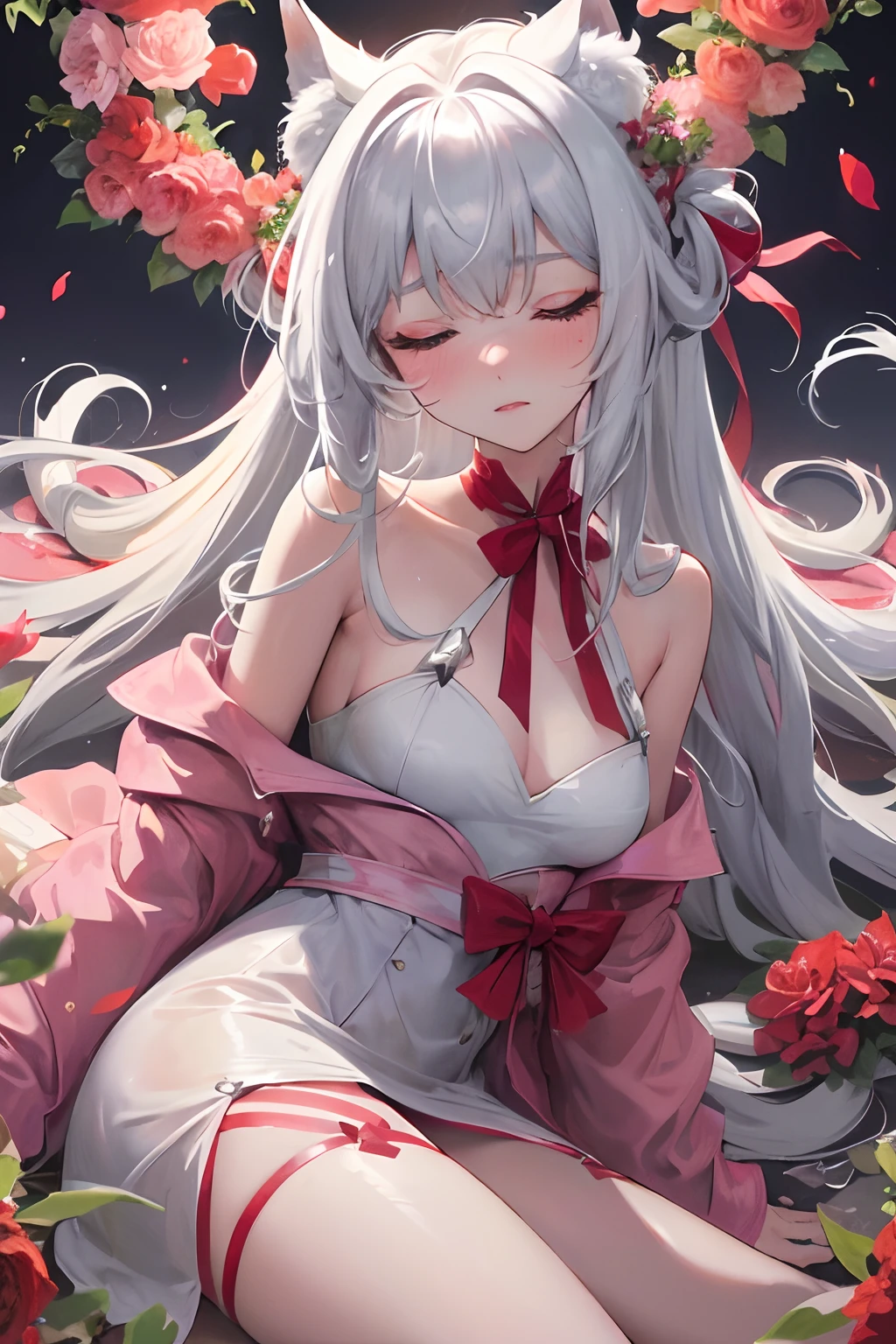 with long coiled hair, flowers in head, Cat ears, Bright pupils, Blush, (Monet:1), anaglyph, Fuji colors, outside border, hyper HD, Masterpiece, ccurate, Textured skin, 4K, Best quality, A high resolution, High quality, hyper HD, Masterpiece, Textured skin, A high resolution, Best quality, High quality, 4K，Rich colors，Raised sexy，semi transparent，sweat leggs，dual horsetail，silvery white hair，Red pupils，Bow knot，(Wolf tail:1)，Dynamic，amaryllis，Yarn，Close your eyes，Charming，Lie down，lay on back，Raised sexy