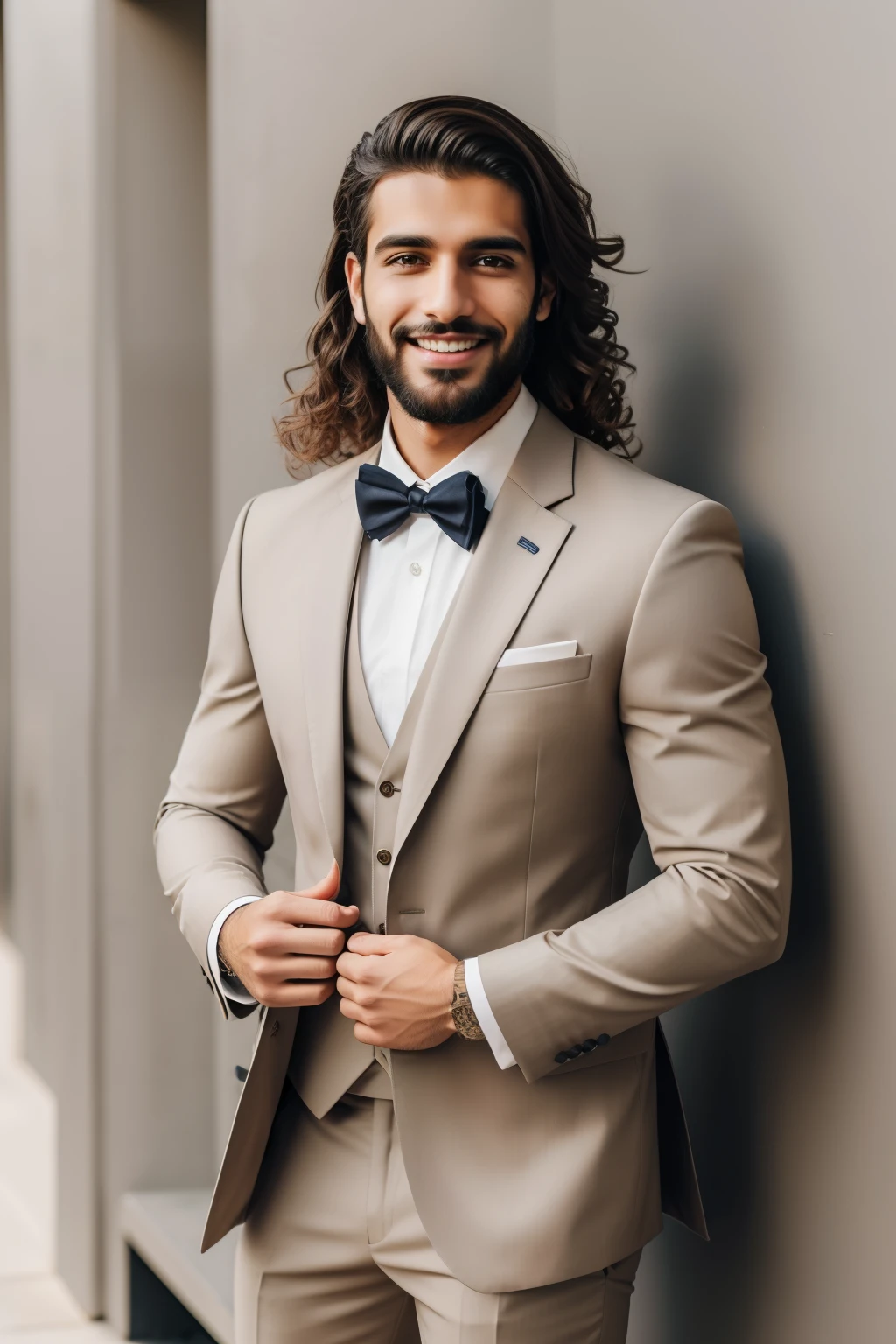 Handsome smiling hipster model. Unshaven Arabian man dressed in elegant beige suit . Fashion male with long curly hairstyle posing near grey wall in studio