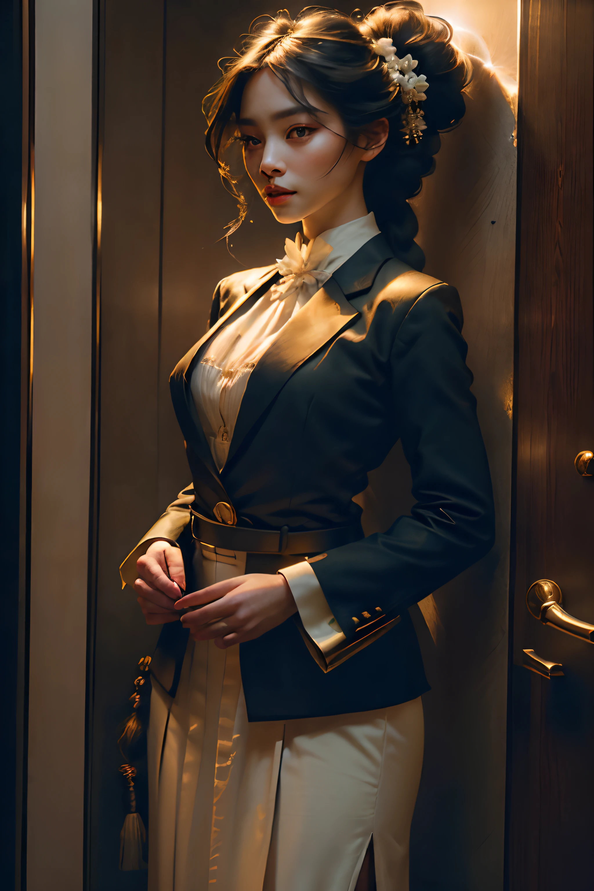 (masterpiece, high resolution:1.3), (portrait of a Samantha woman with long hair adorned with multiple braids and red ribbons:1.3), (her striking green eyes shining brightly:1.1), (Sony Alpha 7R IV camera, known for its exceptional image quality and detail:1.2), (paired with the Sony FE 85mm f/1.4 GM lens:1.2), (her flawless skin and expertly makeup-enhanced lips:1.3), (dressed elegantly in a black blazer and white blouse:1.3), (wearing a long black skirt:1.3), (inside the elevator, with perfect illumination on her face:1.2), (the camera and lens combination ensuring sharpness and clarity in the portrait:1.2), (the blazer and skirt exuding professionalism and style:1.2), (her long hair with red ribbons adding a touch of charm:1.1), (her green eyes reflecting a sense of allure and mystery:1.1), (her facial features beautifully illuminated, capturing her essence:1.1), (the elevator creating a sense of solitude and introspection:1.1), (the portrait showcasing her poise and grace:1.1), (a moment of tranquility and self-assurance:1.1), (the Sony FE 85mm f/1.4 GM lens creating a pleasing background blur:1.1), (a timeless image that celebrates the beauty of the individual:1.1), (a portrayal of elegance and confidence:1.1), (the perfect lighting capturing every detail of her face:1.1), (a photo that captures the grace and beauty of the Japanese culture:1.1), (a moment of introspection and serenity in the confined space of the elevator:1.1), (the camera's advanced capabilities delivering exceptional image quality:1.1), (an image that tells a story of elegance and individuality:1.1), (the woman's radiant green eyes drawing viewers in:1.1)
