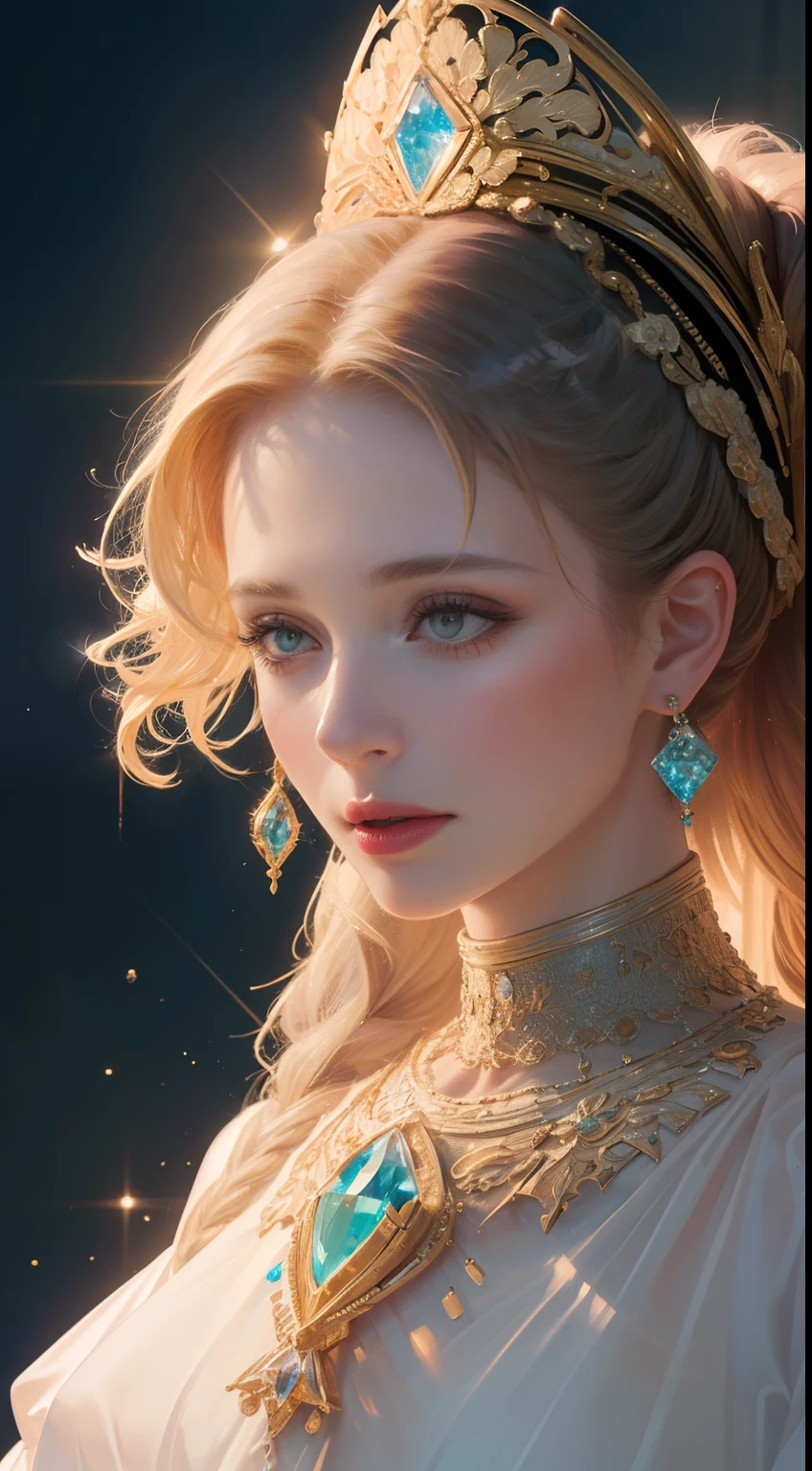 (Ultra-high quality masterpiece,Beautiful bust of an 18-year-old noble girl,Classical braids,The eyes are shiny and clear,Floral craftsmanship,Crystal jewelry,Ultra-fine details,Soft lighting)