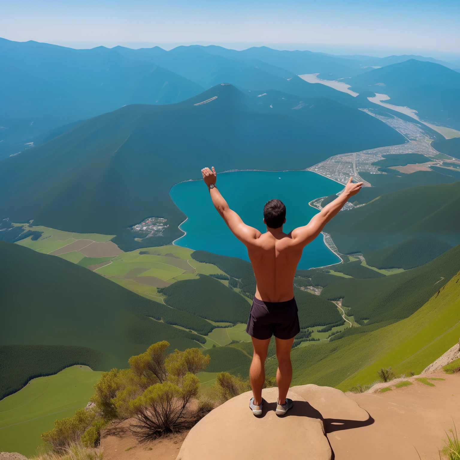 A person standing on top of a mountain, with arms open and face turned to the sky. O sol nascente cria um halo suave ao redor dela, symbolizing the connection to the present moment