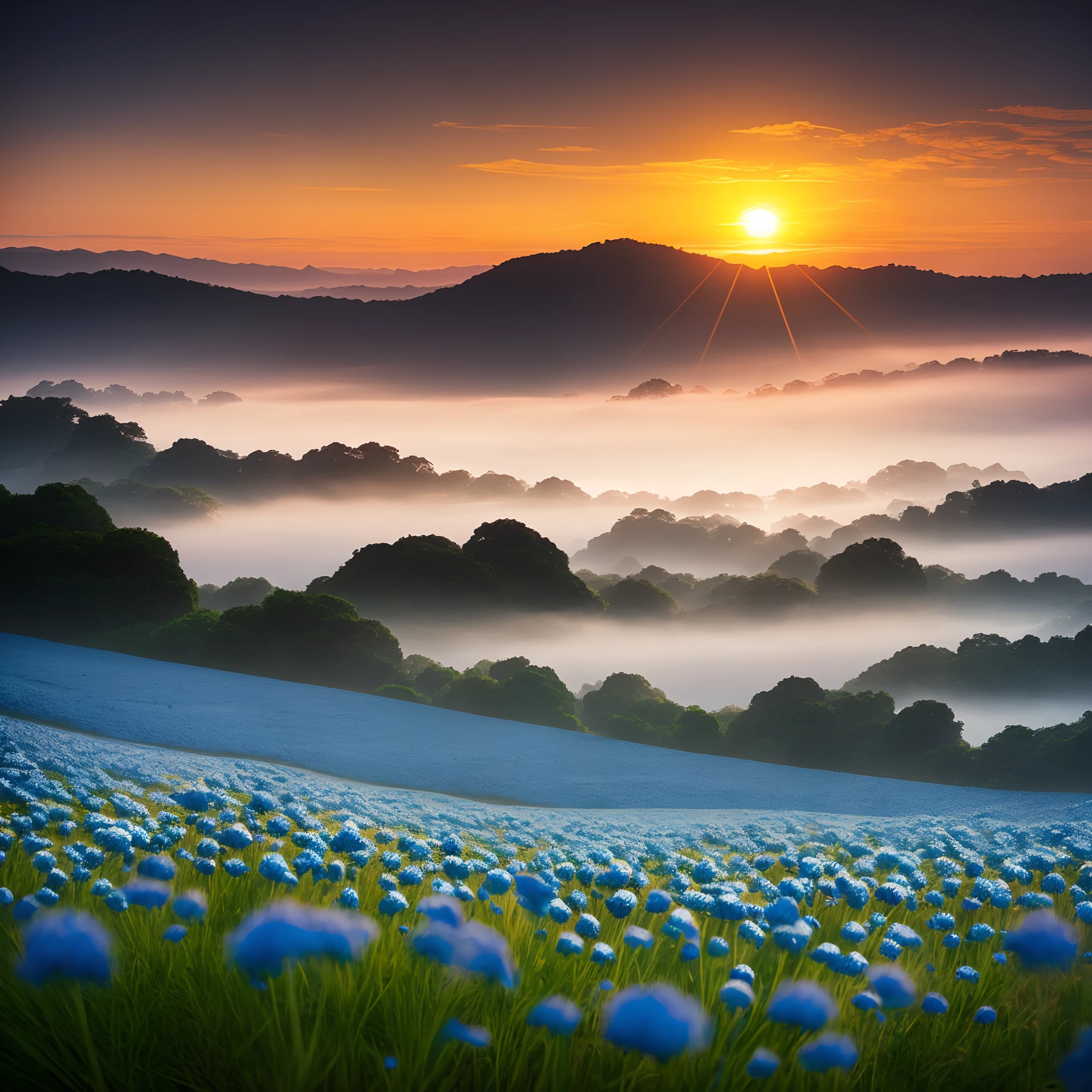 A vast field of nemophila flowers, sunset, mystical, magical, topaz mask, dark fog, dappled light, atmospheric, cinematic, by Studio Ghibli
