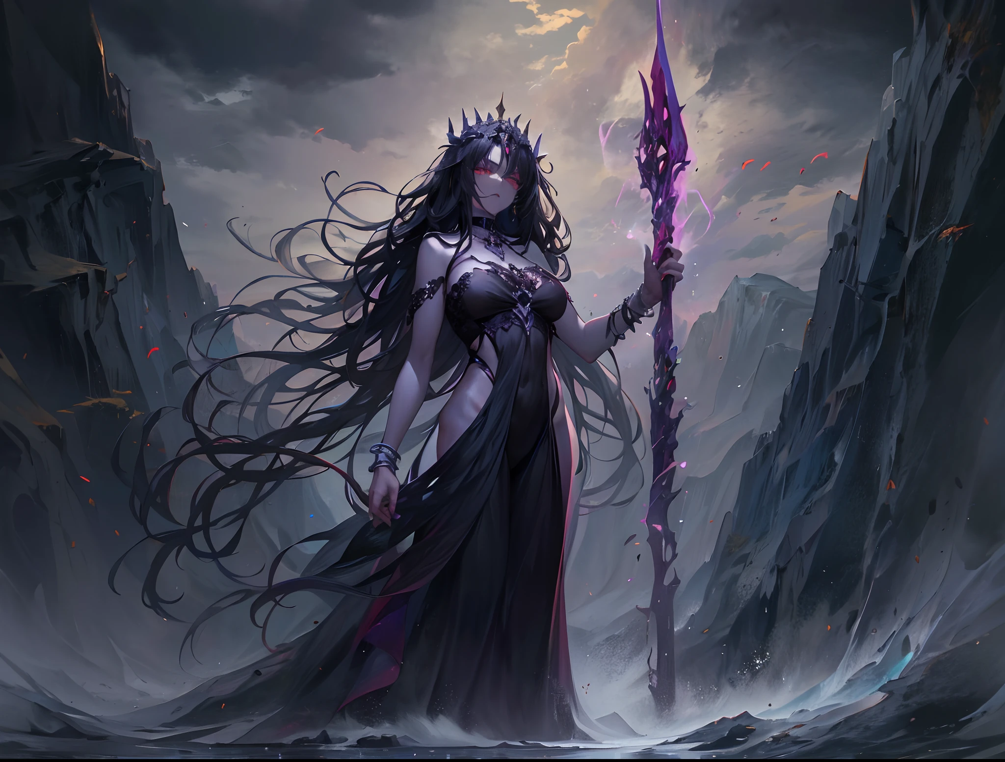 a dark queen, surrounded by shadows and emanating an aura of darkness. She has long black hair that falls in loose waves around her shoulders, and piercing red eyes that seem to glow in the darkness. She wears a long flowing black gown with a high collar that obscures most of her face, and the gown has intricate lace detailing and a long train that billows out behind her. She wears a silver crown on her head with dark gemstones that seem to absorb light, and carries a scepter made of blackened metal with a large, sharp gemstone at the top. In the background, there is a castle that looks like it has seen better days, with crumbling stone walls and a dark, foreboding atmosphere.
HNKstyle
<lora:HNKstyle-000001:0.7>