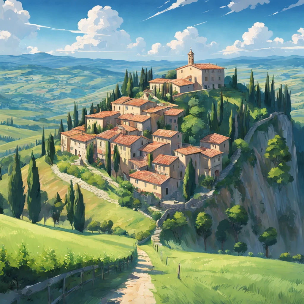 There is a view of the house on top of the hill, Tuscan hills, Italy, breathtaking landscape, cypresses and hills, rolling green hills, Stunning landscape, lush countryside, southern european scenery, lindo cenario, lindo cenario, stunning vista, Stunning scenery, Amazing landscape, Beautiful landscape, green hills, Breathtaking landscapes, author：Jürgen von Henderberg