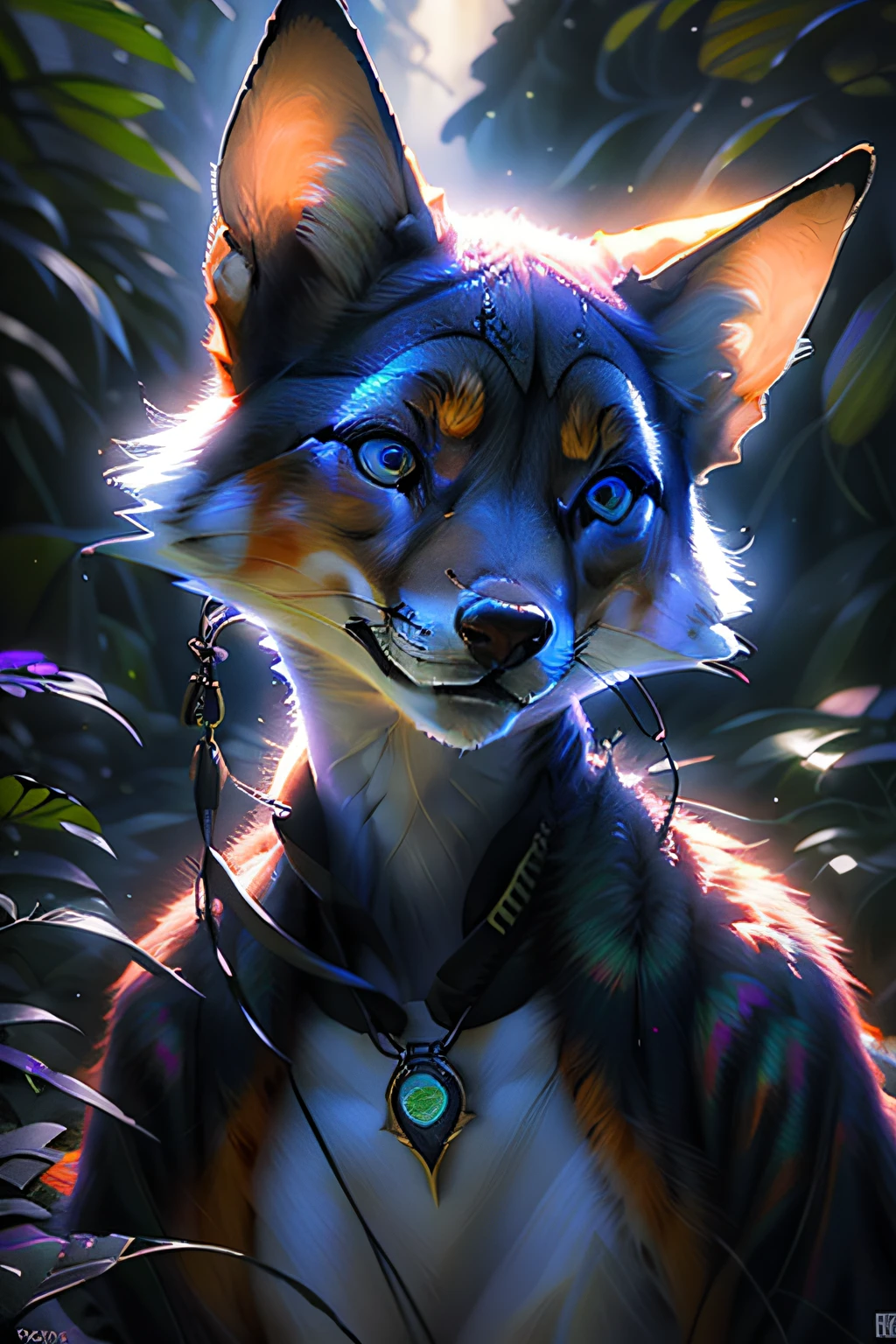 Antro Raposa realista de cores vivas iriscente com olhos brilhantes e cauda brilhante, ultra realistic antropomorph ethereal fox, raposa digital iriscente, arte de fantasia digital colorida, arte digital luminescente, Arte digital altamente detalhada em 4k, 8k arte impressionante, Arte bonita UHD 4K, Arte digital detalhada em 4k,