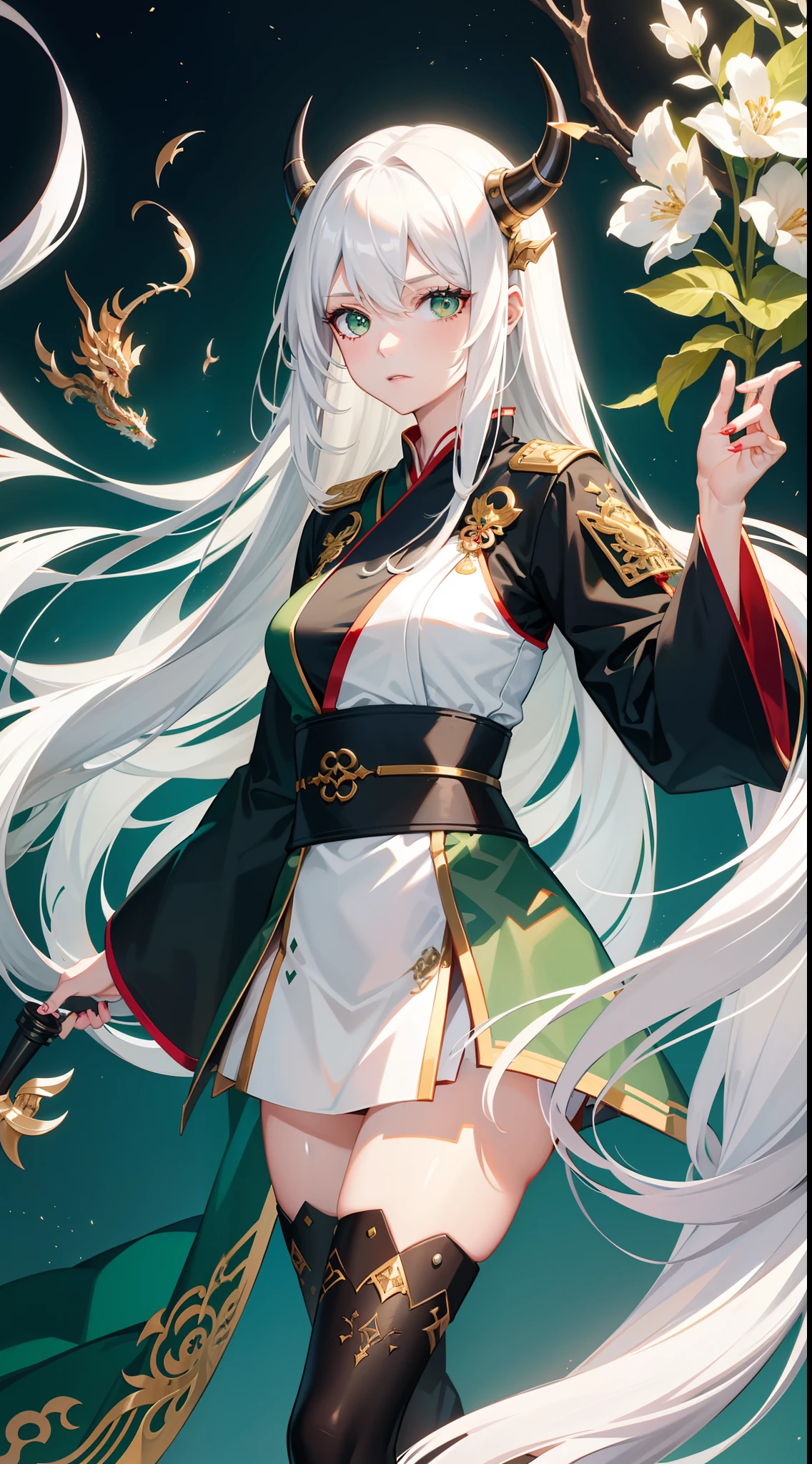 adult girl, Long white hair, Working with a horn, Green eyes, dragon tattoo, A cyborg, Hanfu, Masterpiece, hiquality