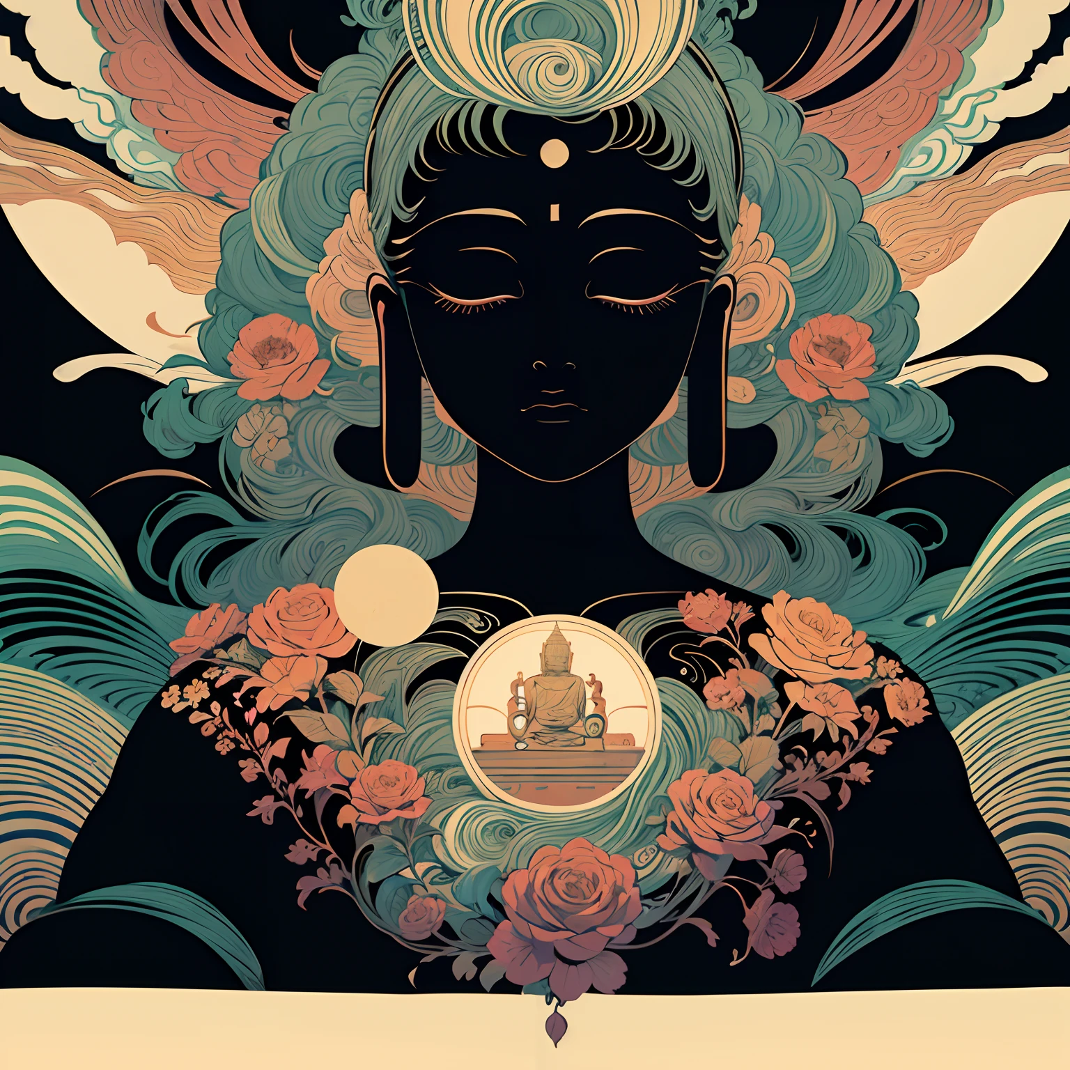 mural, Buddha, flat color, minimal art, psychedelic_noir